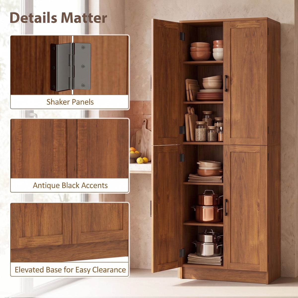 Freestanding Kitchen Pantry, 4-Door Kitchen Pantry Cabinet with Adjustable Shelves and Doors, Teak