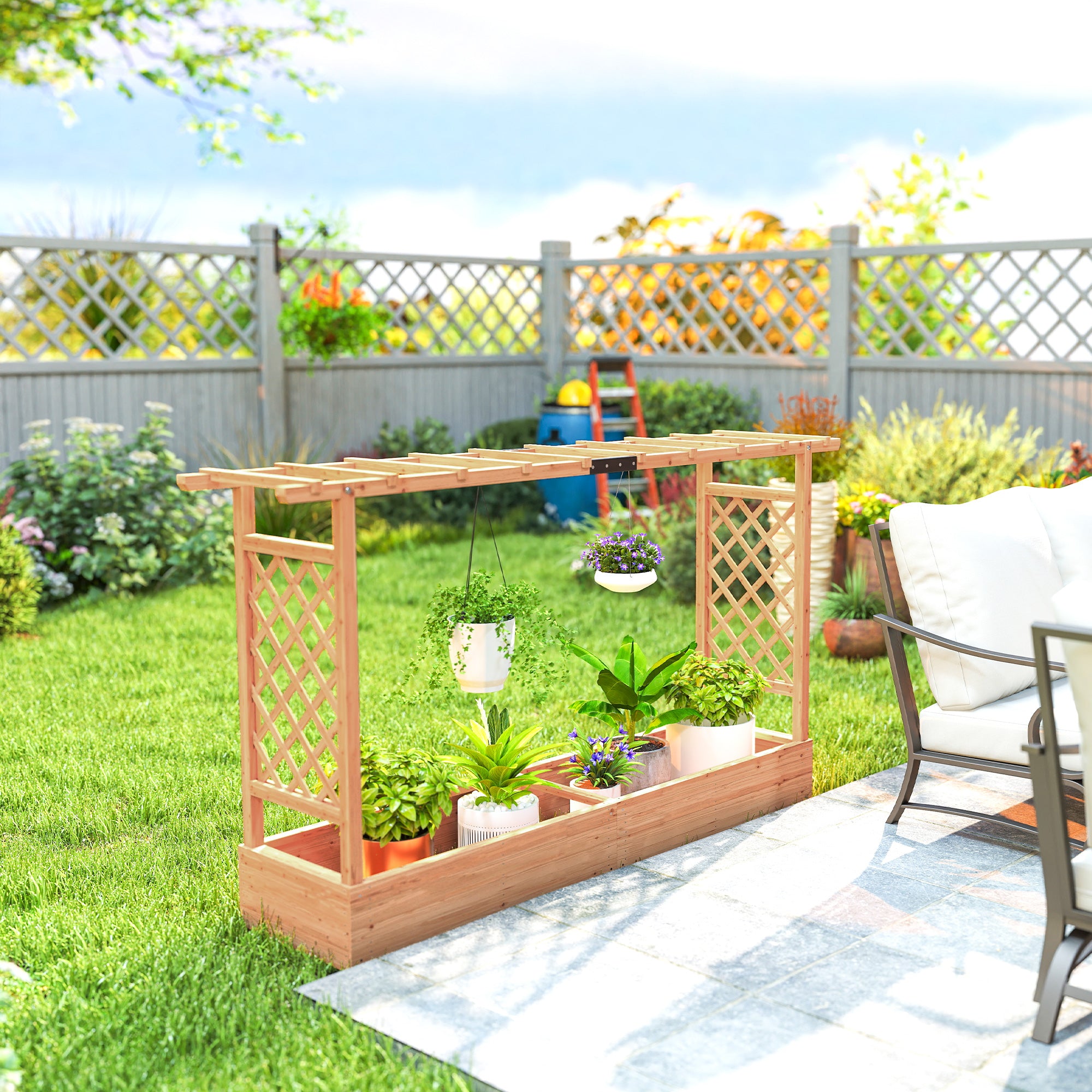 Wooden Planter Box with Trellis, Hanging Roof and Drainage Holes for Climbing Plants, Vegetables, Herbs and Flowers - Natural Wood - Image 8