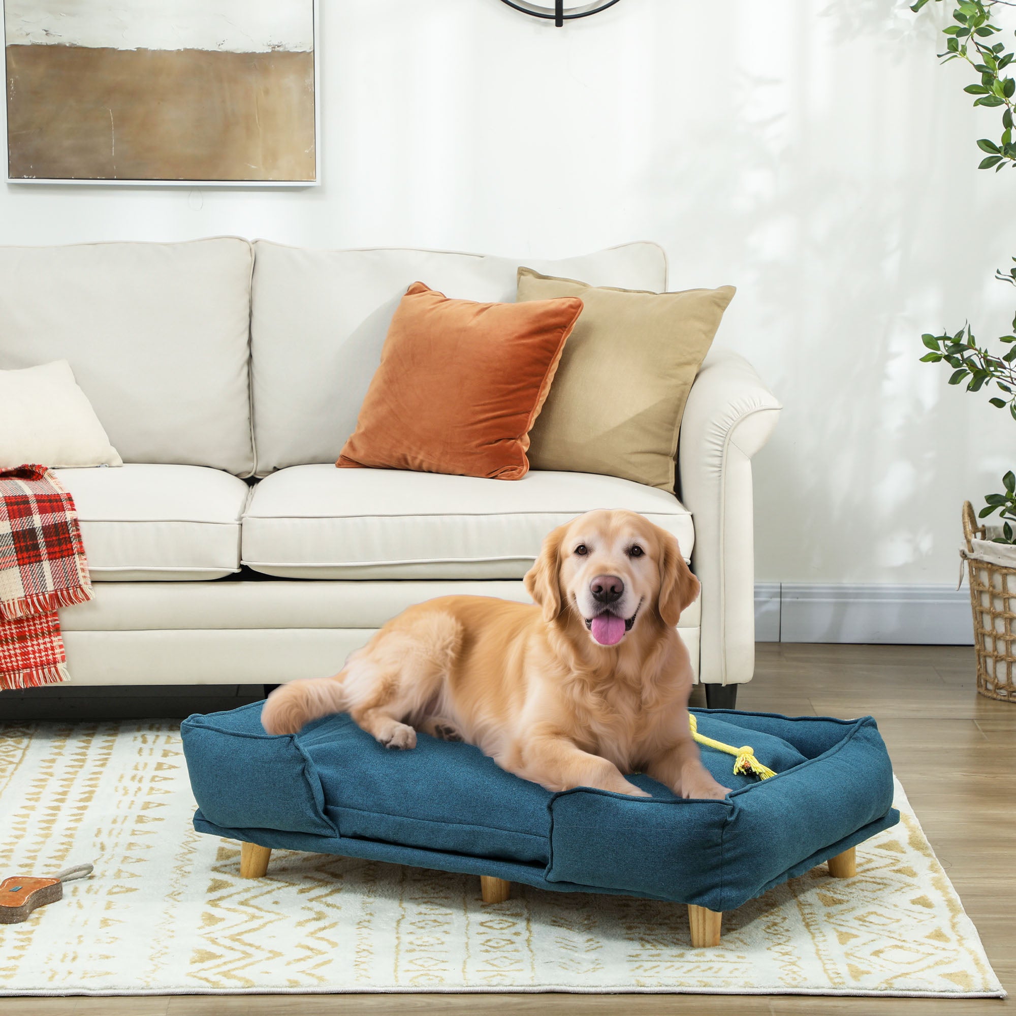 Raised Dog Couch with Comfortable Cushion, Pine Wood Legs, Foot Pads for Large-Sized Dogs Indoor Use, Dark Blue - Blue - Image 2