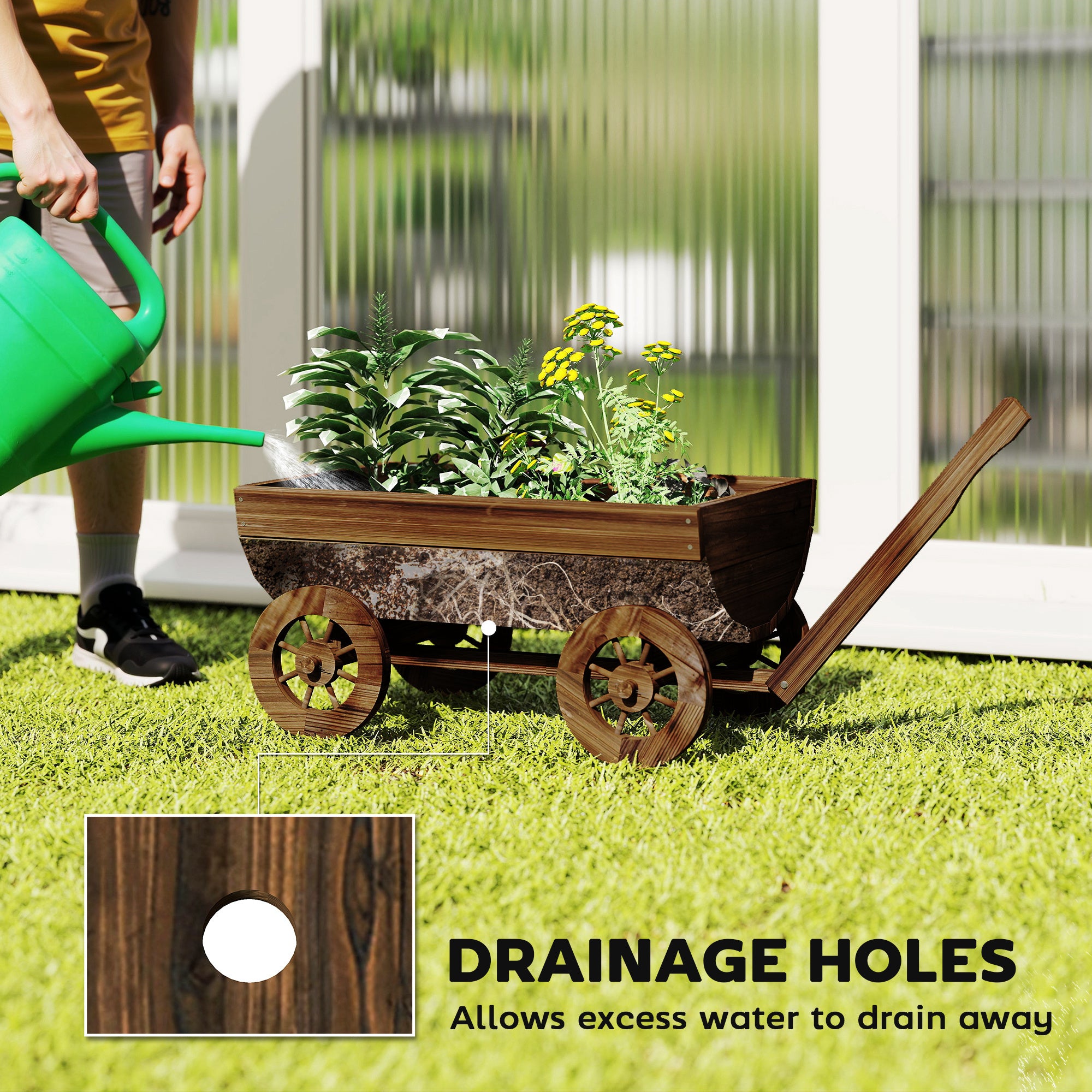 Wooden Wagon Planter Box, Mobile Garden Planter with 4 Wheels, Small Wheelbarrow Wagon Flower Cart with Drainage Hole - Carbonized - Image 5