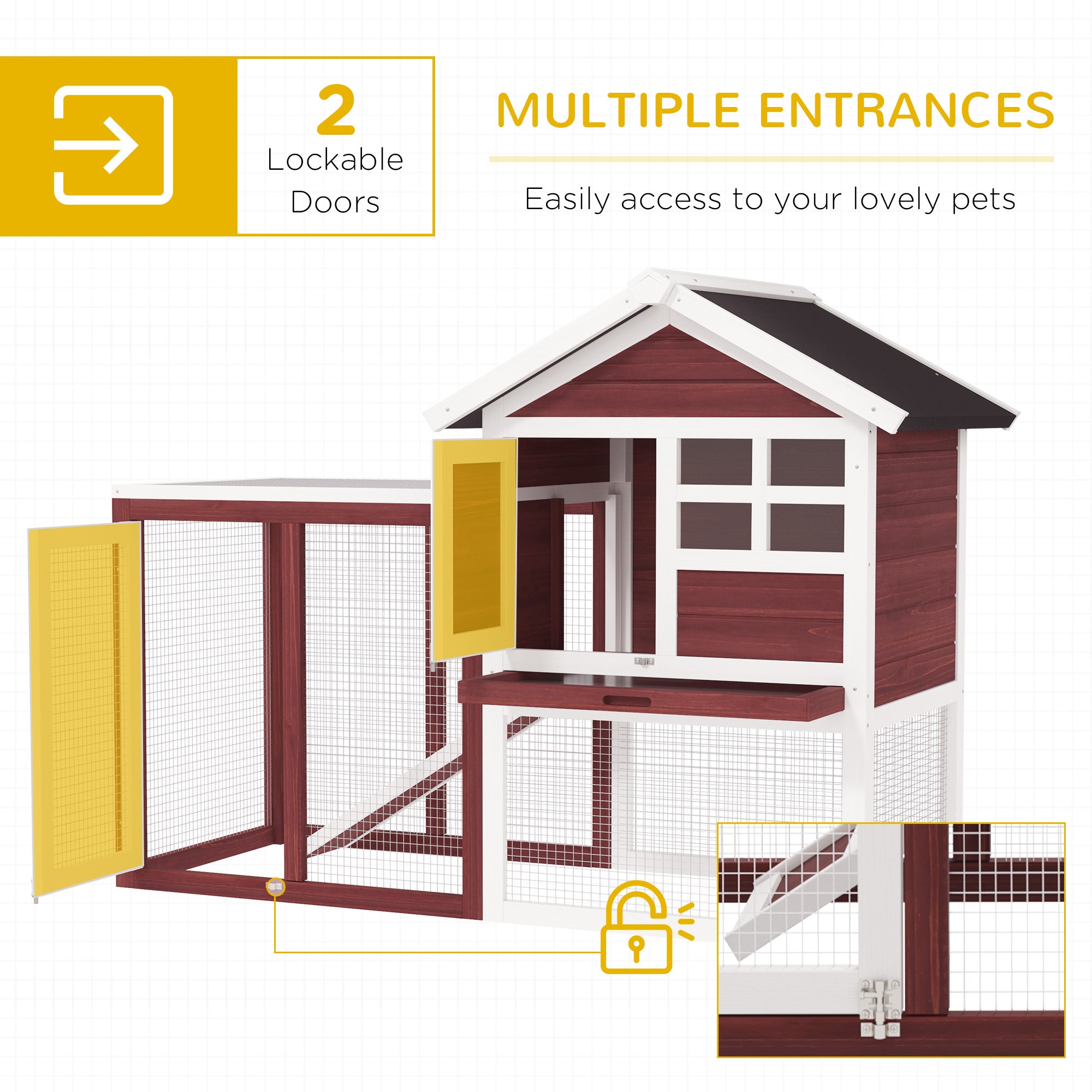 49" Wooden Rabbit Hutch Bunny Cage with Waterproof Asphalt Roof, Fun Outdoor Run, Removable Tray and Ramp, for Rabbits, Chickens, Ducks, Brown - Brown and White - Image 5