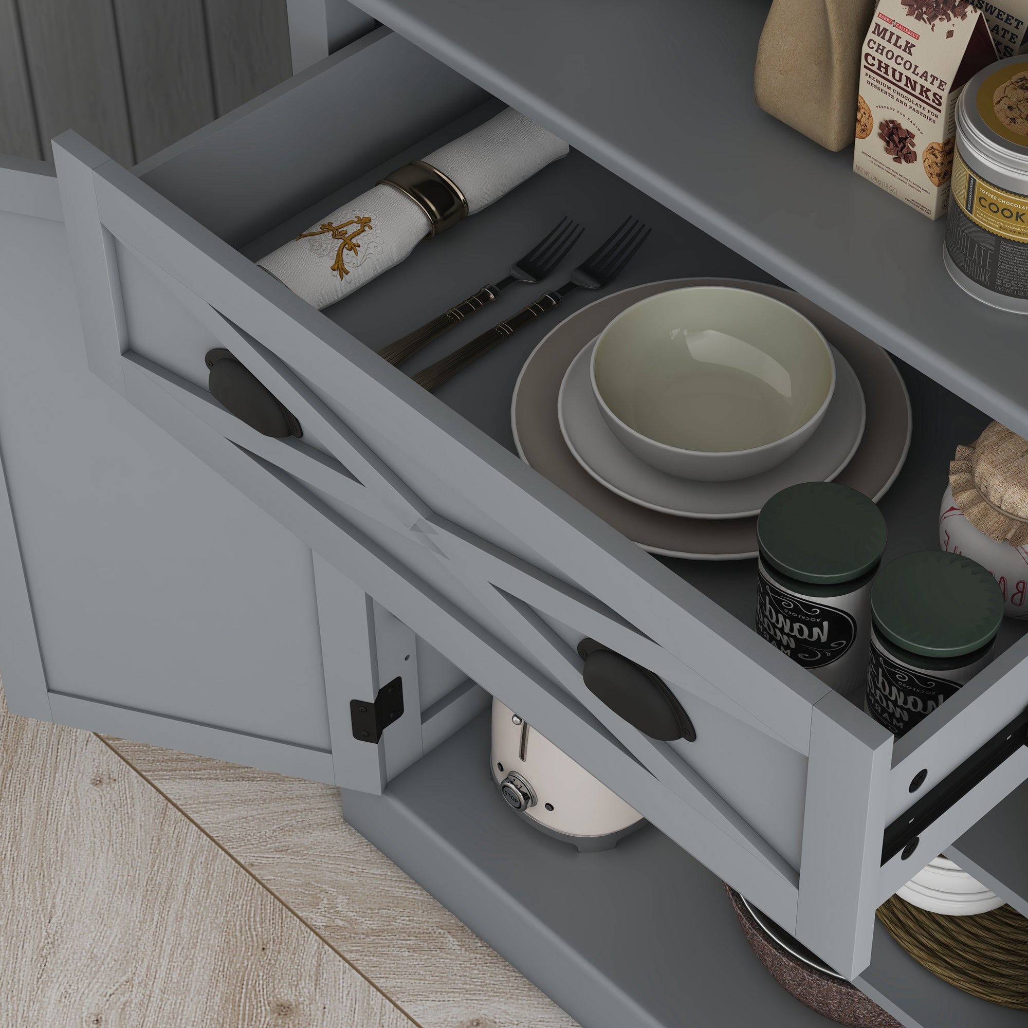 72" Kitchen Cabinet, Pantry Storage Cabinet with 4 Doors and 2 Adjustable Shelves, Large Central Drawer, Gray