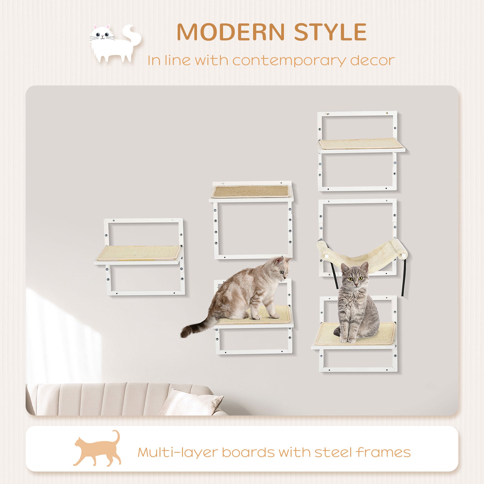 Cat Shelves for Indoor Cats, 6Pc Modern Cat Wall Furniture with Adjustable Height Jumping Platforms & Hammock, Cream White - Cream White - Image 6