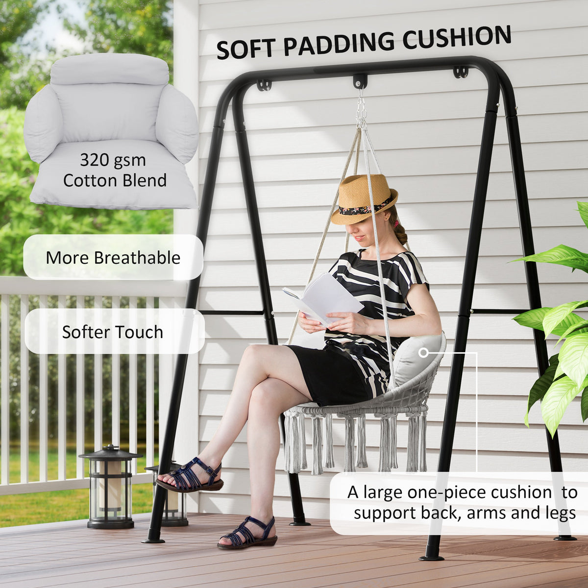 Hammock Swing Chair, Macrame Hanging Chair with Large Cushion, Chain, Steel Frame for Indoor Outdoor Use, Gray