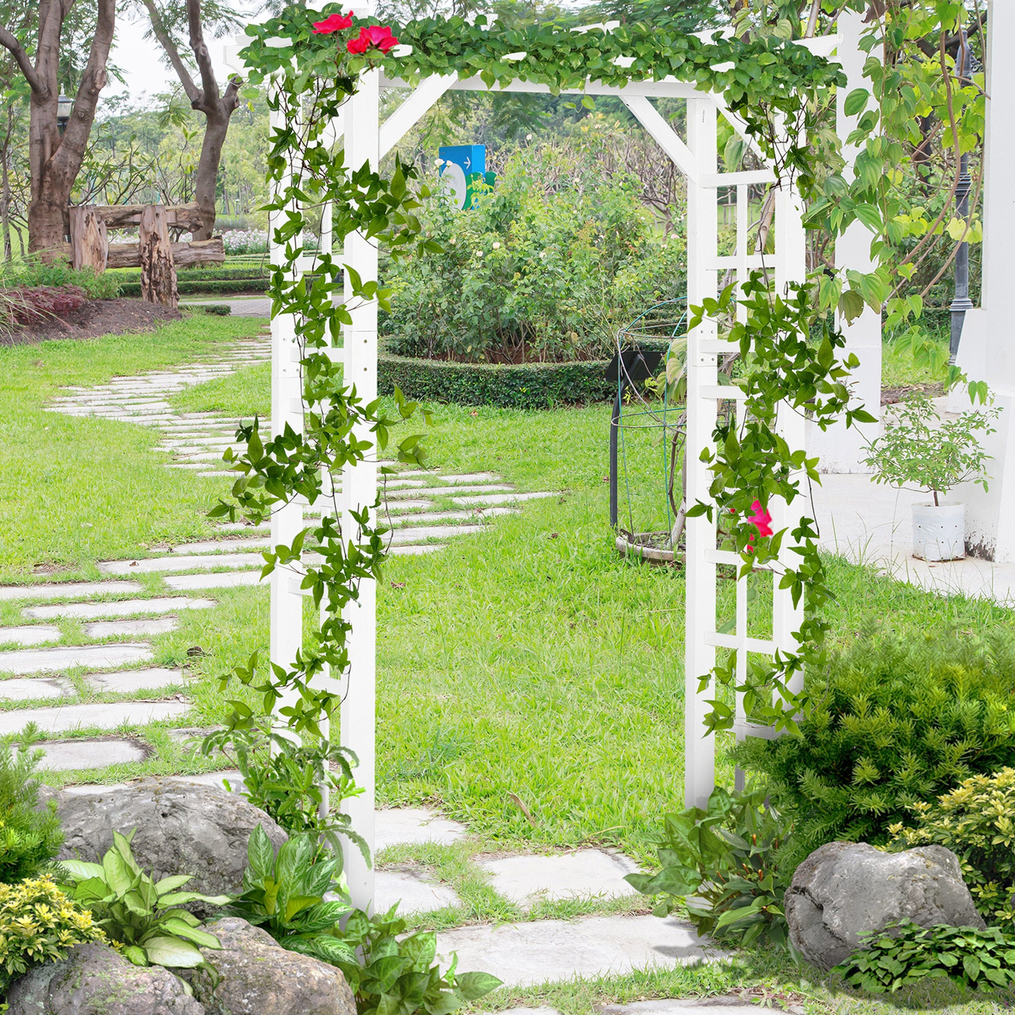 85" Wooden Garden Arbor for Wedding and Ceremony, Outdoor Garden Arch Trellis for Climbing Vines - White - White - Image 2