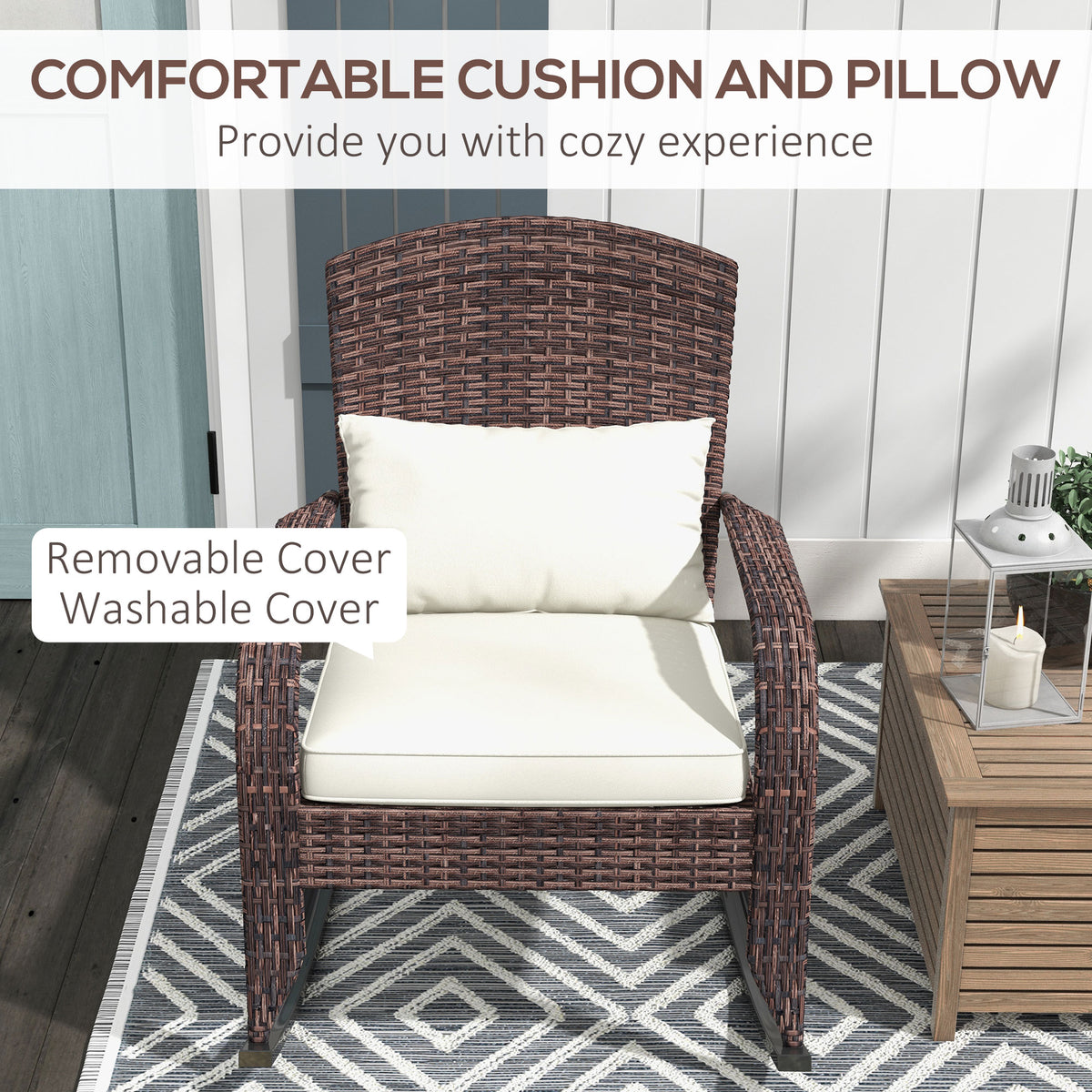 Adirondack Chair, Outdoor Wicker Rocking Chair with High Back, Seat Cushion, and Pillow for Porch, Balcony, Cream White