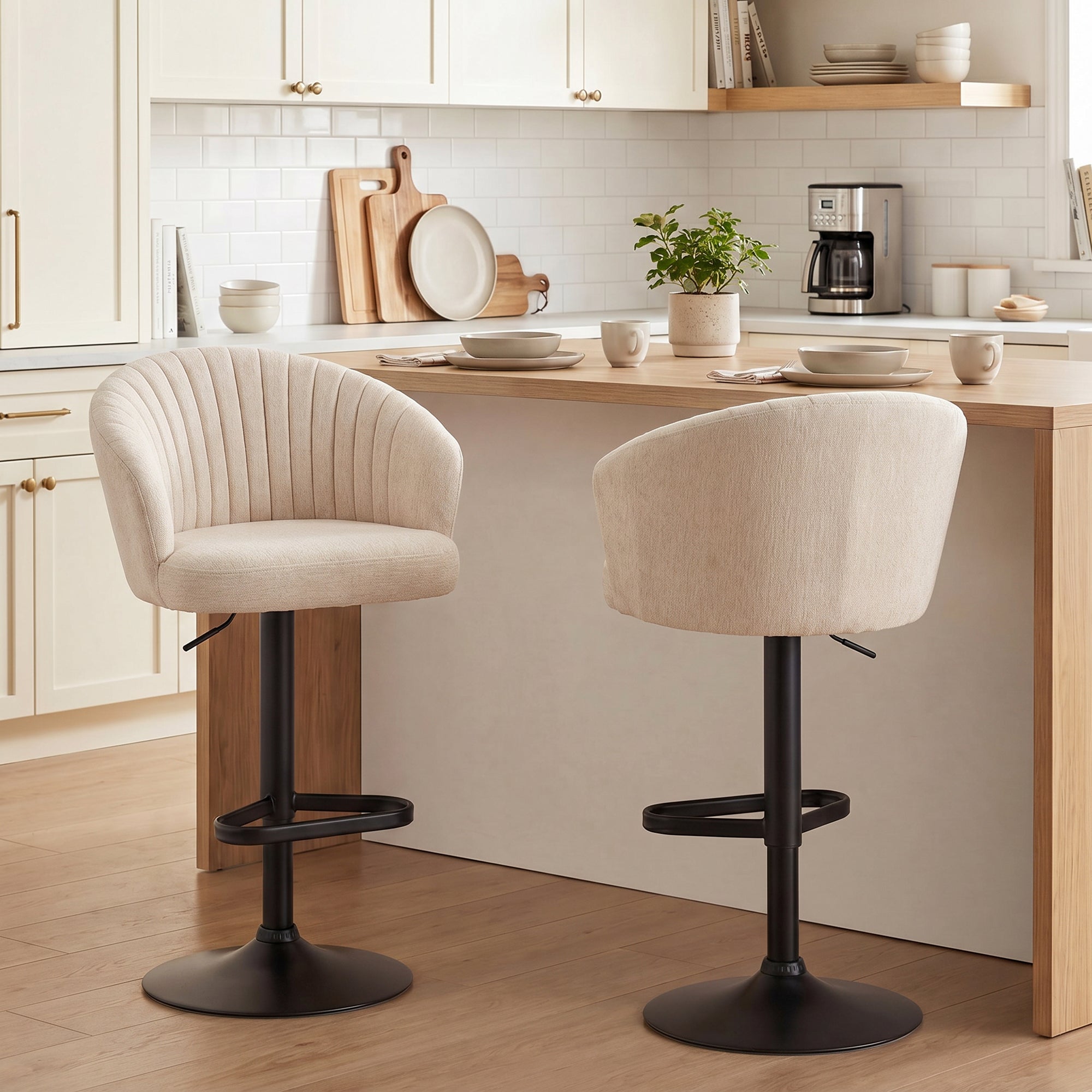Modern Upholstered Adjustable Barstools with Swivel Seat, Linen Touch Fabric, Steel Frame, Footrest, ‎Beige