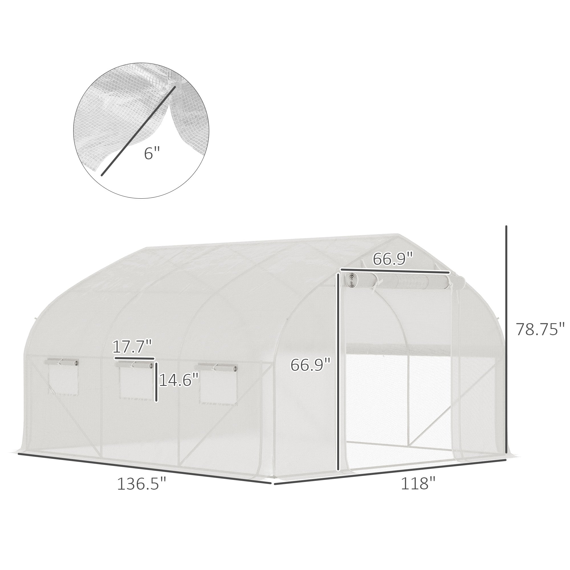 11.5' x 10' x 6.5' Walk-in Tunnel Greenhouse, Green House with Zippered Mesh Door, 7 Mesh Windows & Roll-up Sidewalls, Upgraded Gardening Plant Hot House with Galvanized Steel Hoops, White - White - Image 3