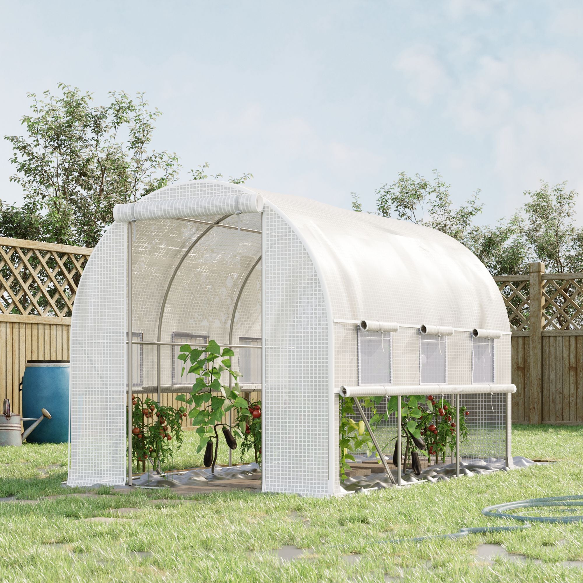 9.7' x 6.5' x 6.5' Walk-in Tunnel Greenhouse, Outdoor Green House with Anti-Tear PE Cover, Zipper Doors and Mesh Windows, White - White - Image 2