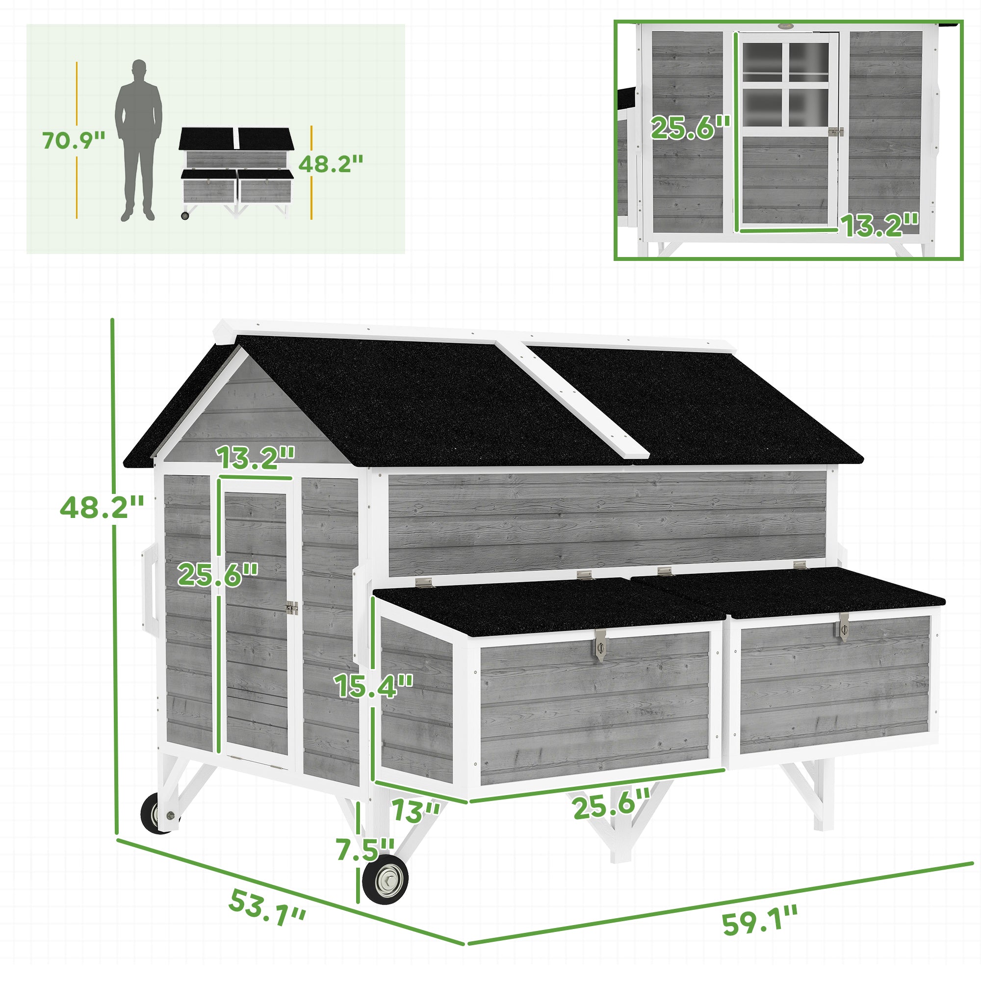 59" Wooden Chicken Coop w/ Wheels, Handles, 2 Nesting Boxes, 2 Trays, 4 Perches, Chicken Tractor for 4-6 Chickens, Gray - Gray - Image 3