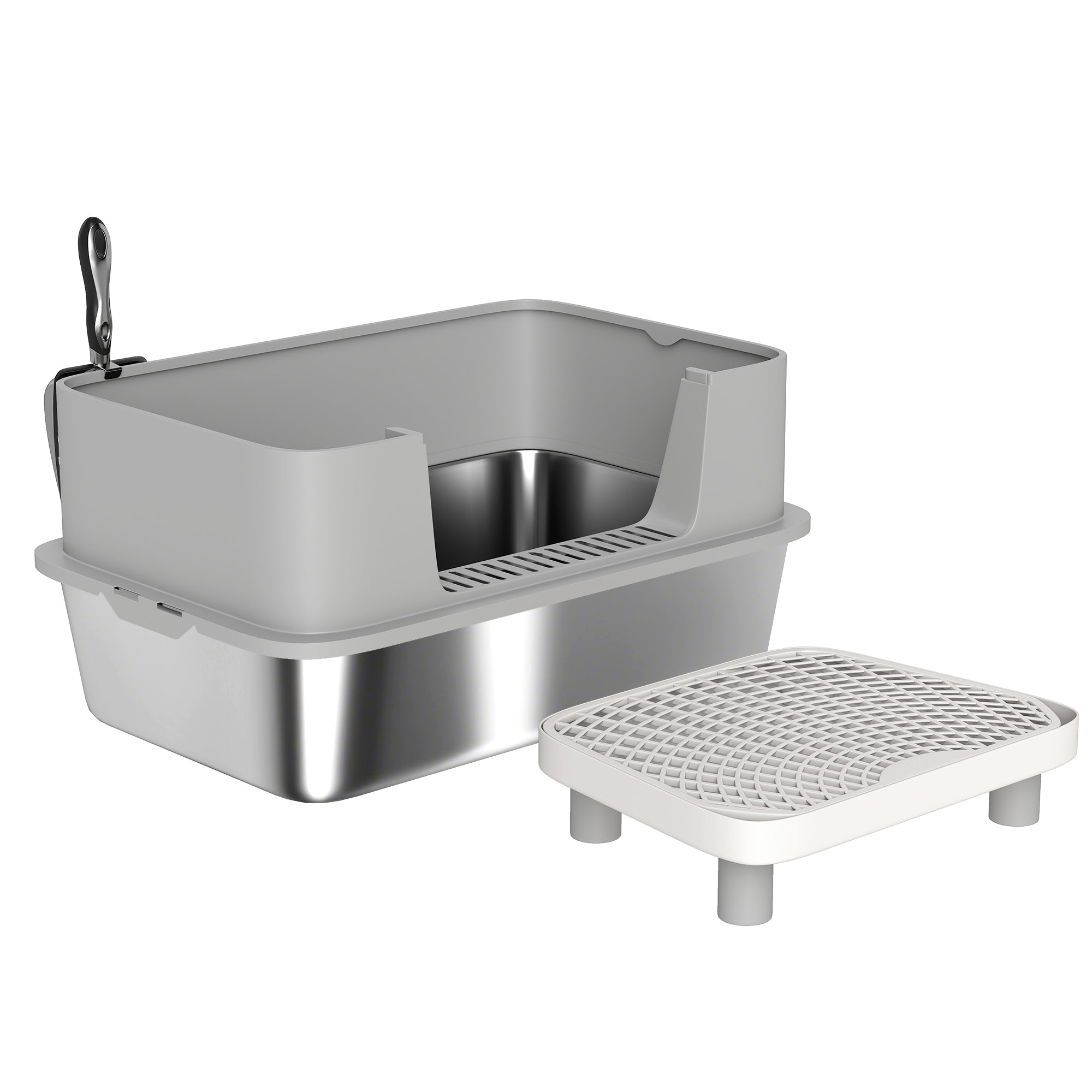 Stainless Steel Litter Box with High Sides, Metal Cat Litter Box with Scoop, Pedal, Anti-Urine Leakage, Non-Sticky - Gray