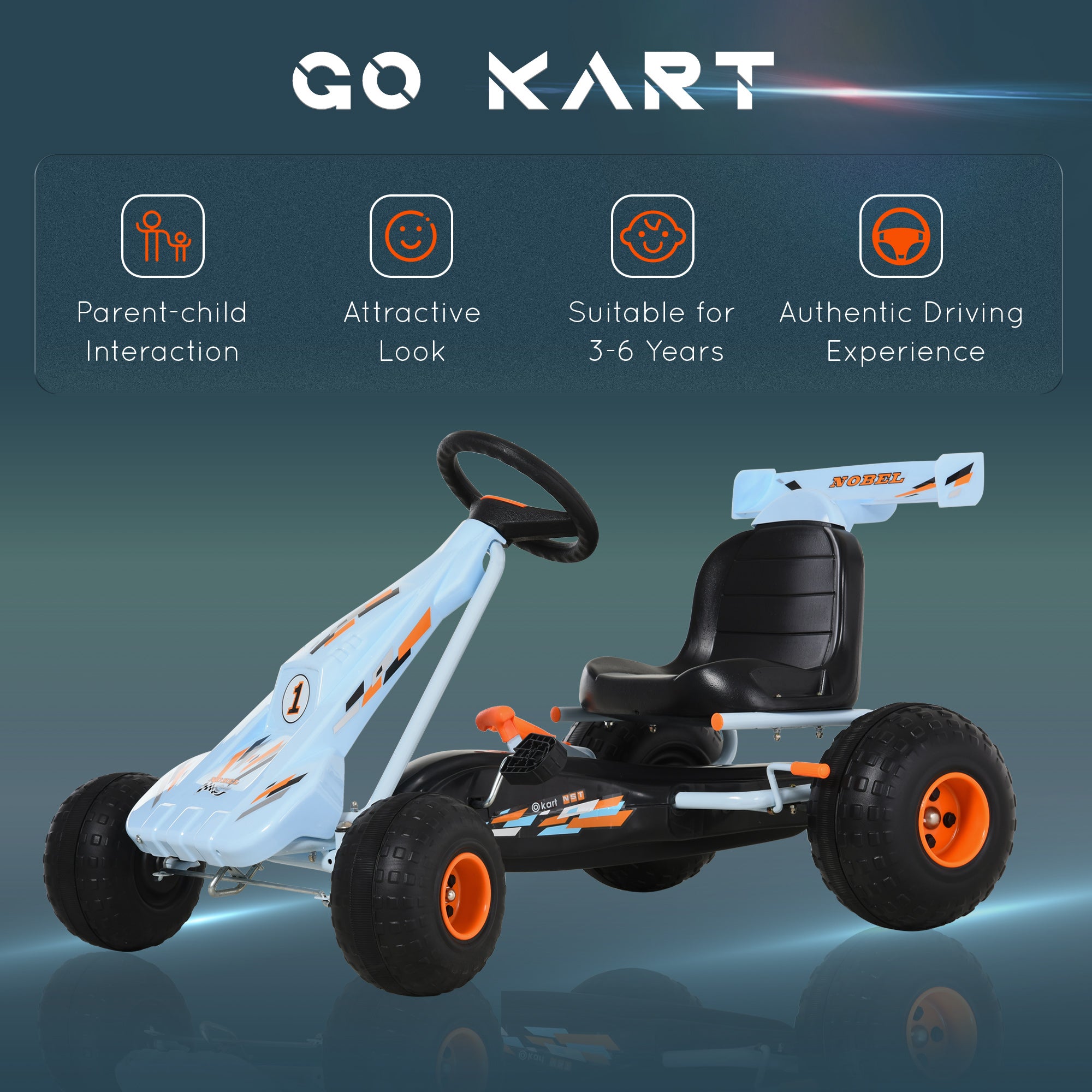 Pedal Go Kart Children Ride on Car Cute Style with Adjustable Seat, Plastic Wheels, Handbrake and Shift Lever, Light Blue