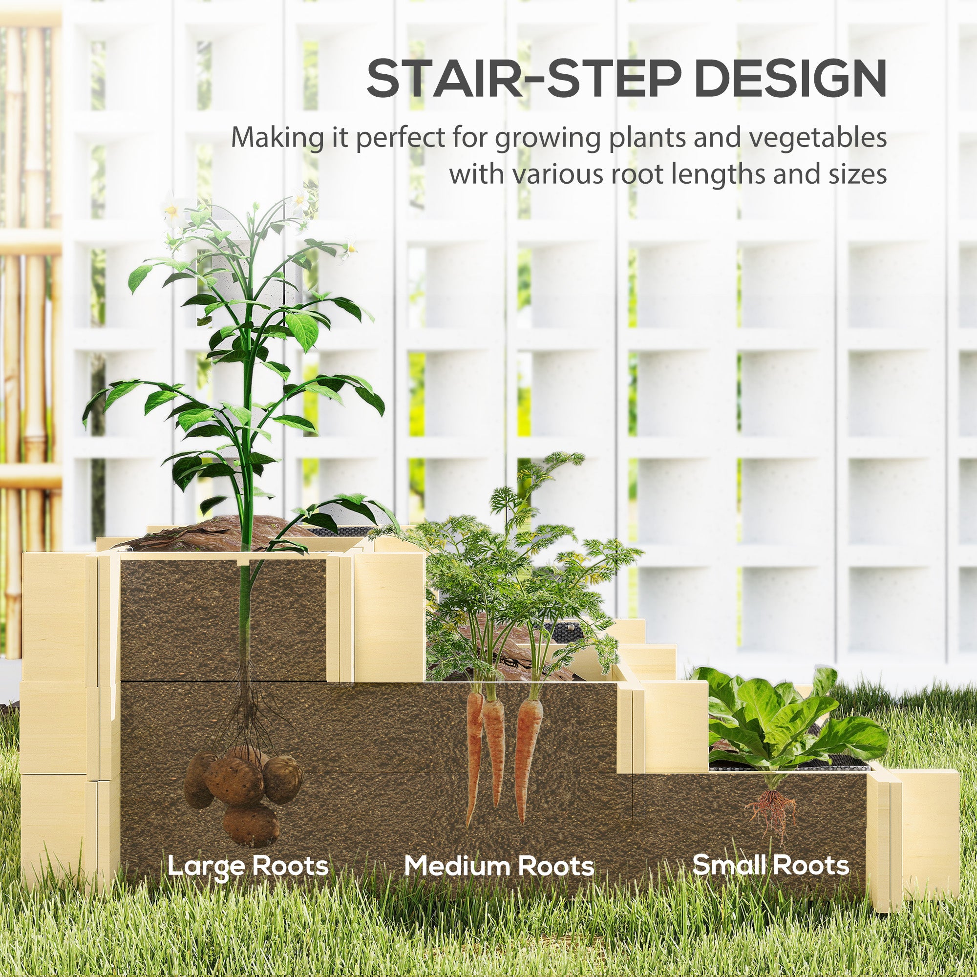 3 Tier Raised Garden Bed, Water Draining Fabric for Soil, Elevated Wood Flower Box for Vegetables, Herbs, Natural - Natural Wood - Image 5