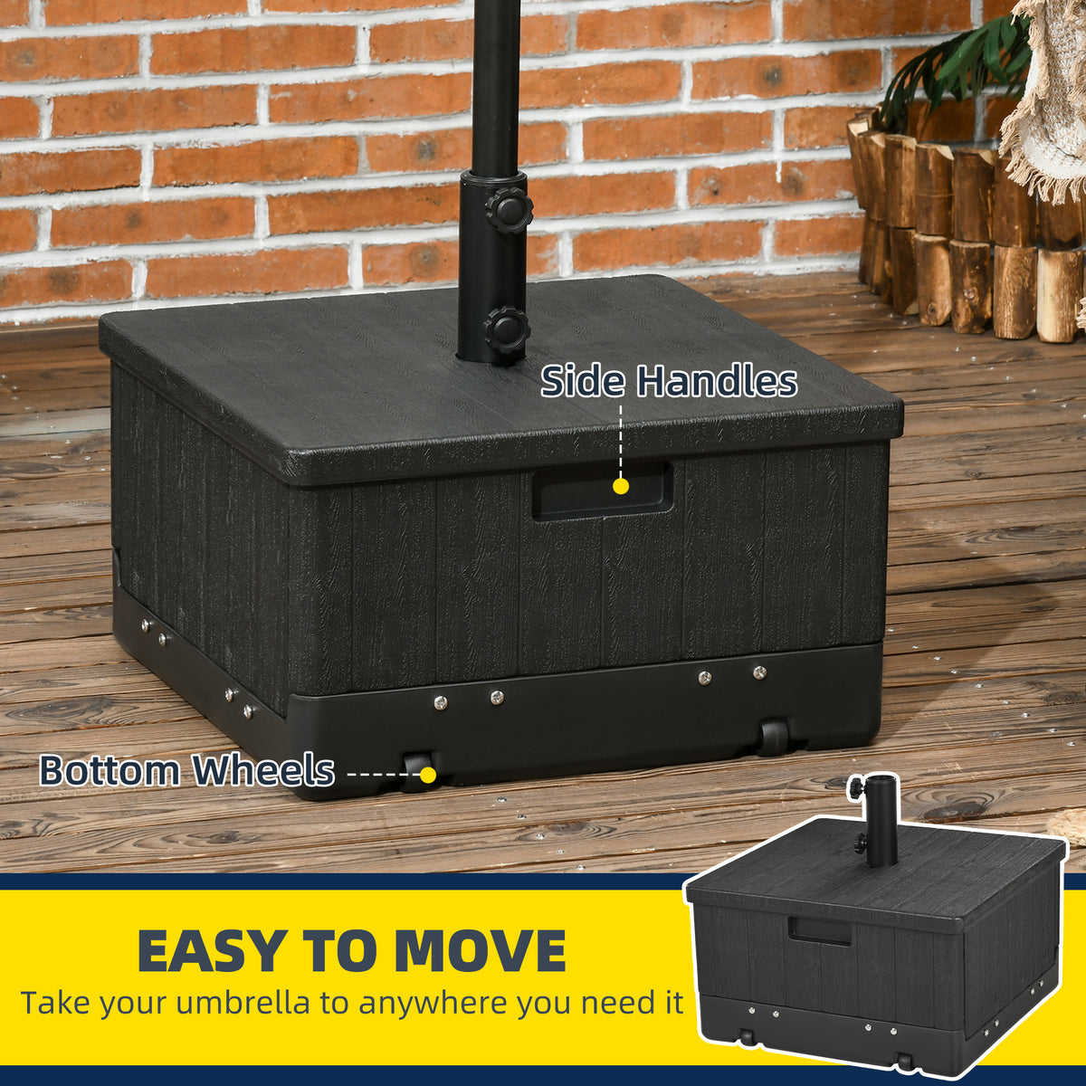 3-in-1 Outdoor Umbrella Base, Coffee End Table, Flower Box Planter, 175lbs Capacity Patio Umbrella Stand Table with Wheels and Handles, Black