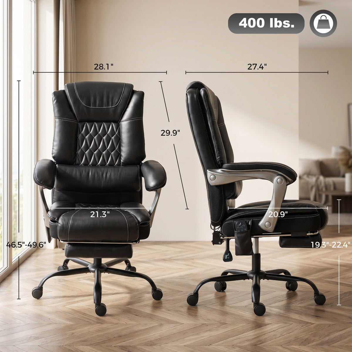 400lbs Massage Office Chair with Heat, Big and Tall Desk Chair, Lumbar Support, Reclining, Footrest, Black
