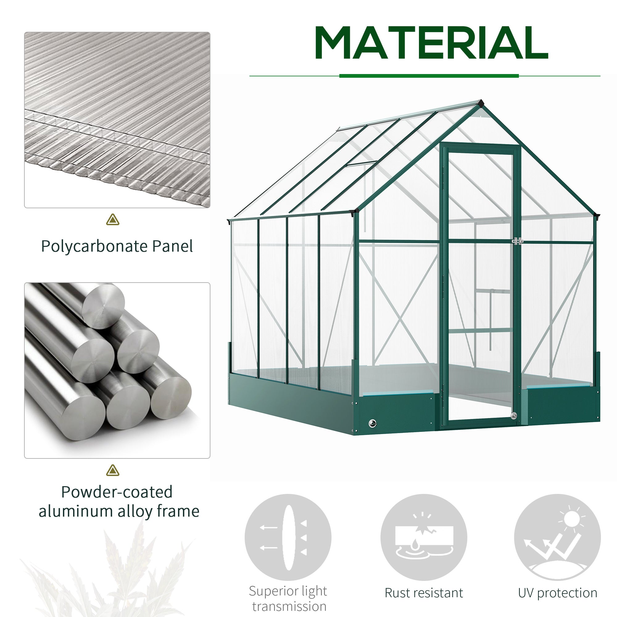 8' x 6' Greenhouse for Outdoors, Polycarbonate Greenhouse with Roof Vent and Rain Gutter, Aluminum Walk-in Green House for Outside for Patio Backyard Garden, Green - Transparent, green - Image 4