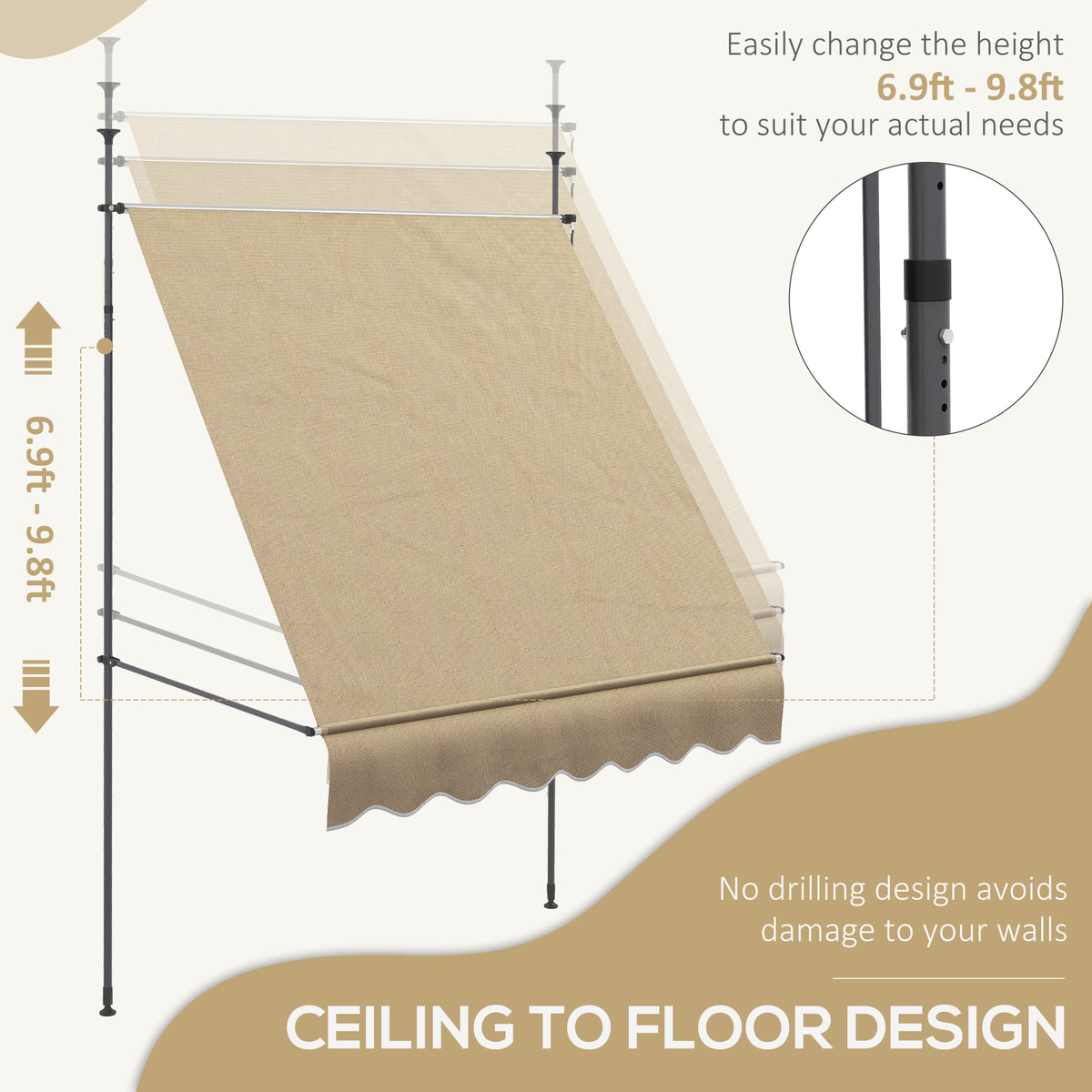 6.5' x 4' Manual Retractable Awning, Non-Screw Patio Awning, UV Resistant for Window or Door, Beige