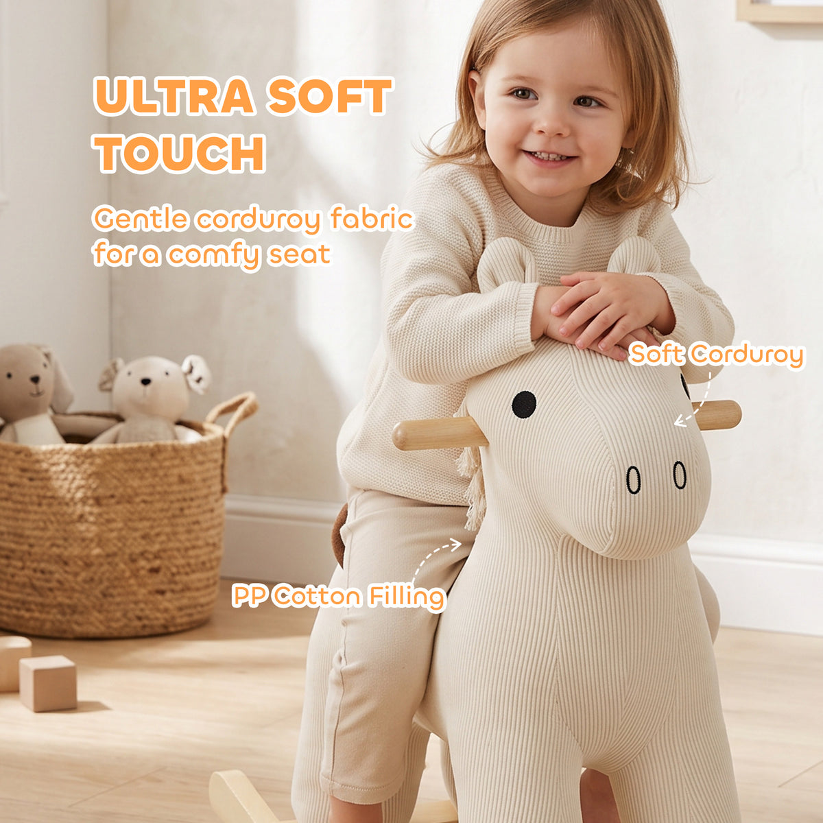 Baby Rocking Horse, Wooden Ride on Horse Toy with Realistic Sound and Rocking Limiter, Plush Ride-On Rocker for Toddlers