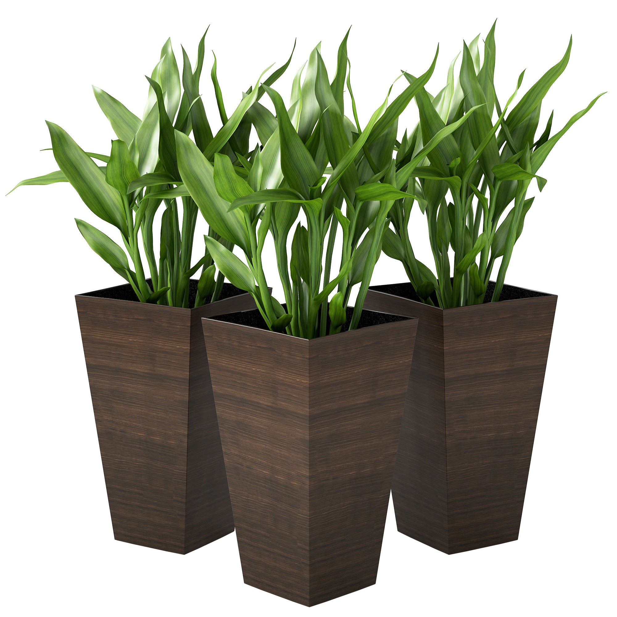 Set of 3 Tall Planters, 28" Outdoor Planter w/ Drainage Holes, Faux Wood Plastic Flower Pots, Brown - Brown