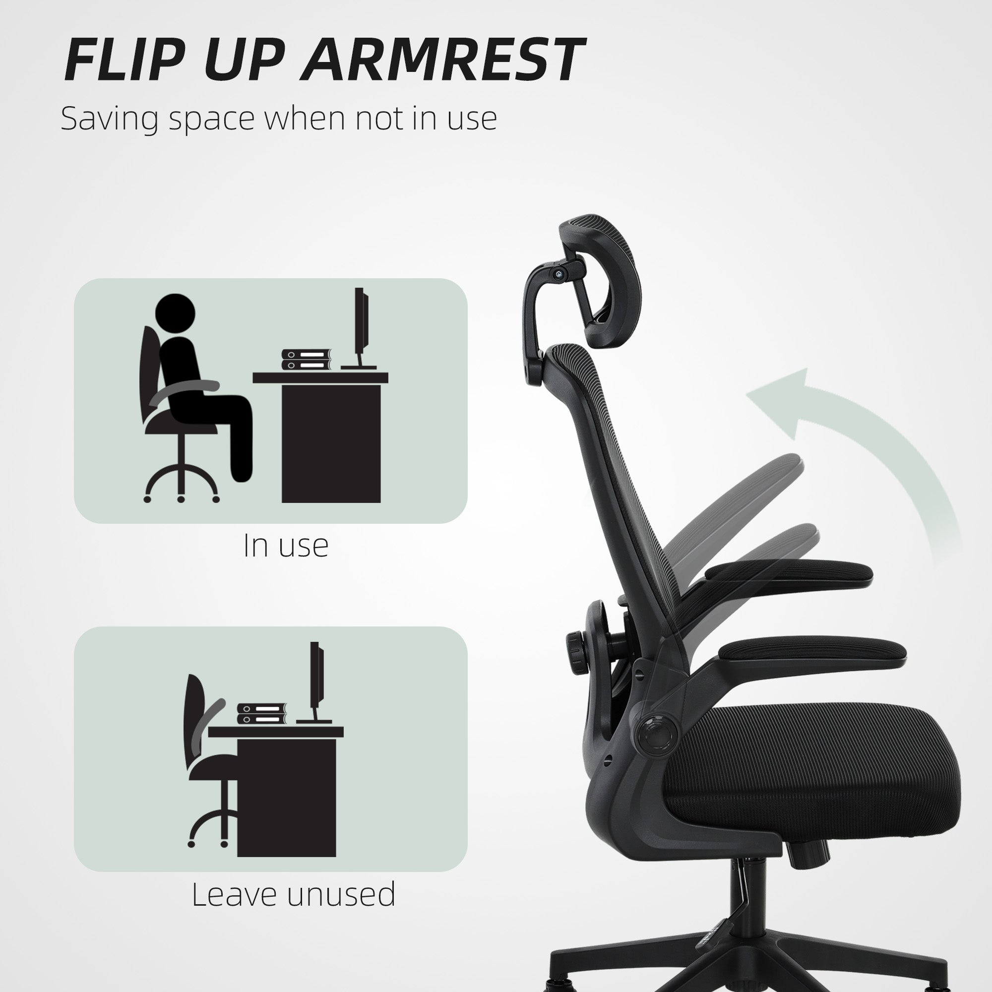 Mesh Office Chair, Ergonomic Desk Chair with Flip-up Armrest, Rotatable Headrest, Adjustable Lumbar Support, Black