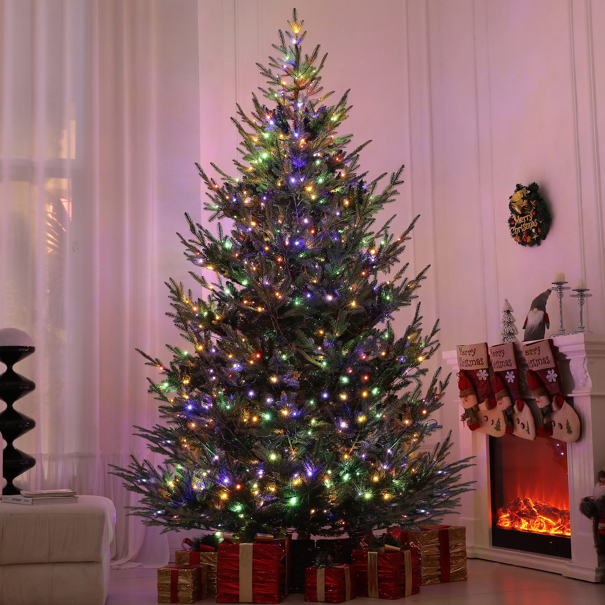 9 ft Artificial Christmas Tree, Prelit Christmas Tree with 300 LED Lights, 1939 Branch Tips and Wide Metal Base, Green