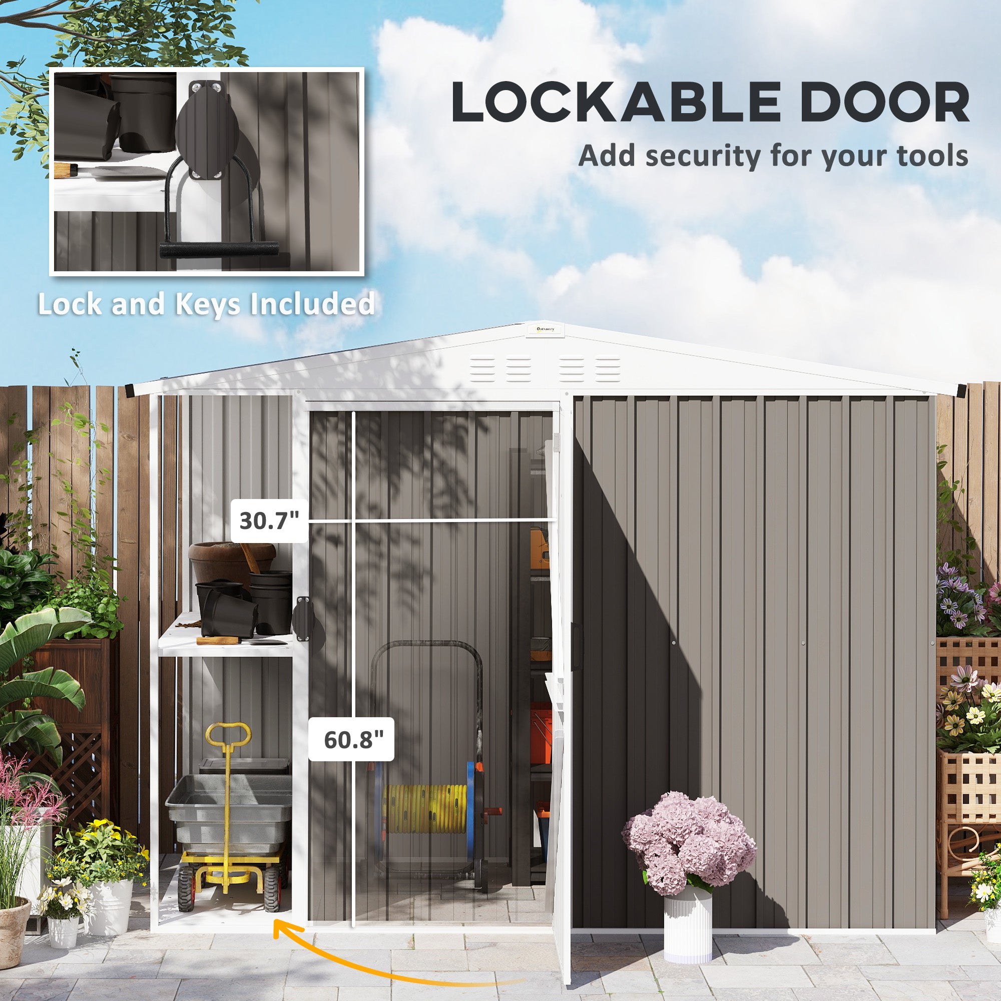 8 x 4ft Outdoor Garden Shed, Metal Shed with Air Vents and Lock for Backyard, Garden, Patio, Warm Gray - Gray - Image 7