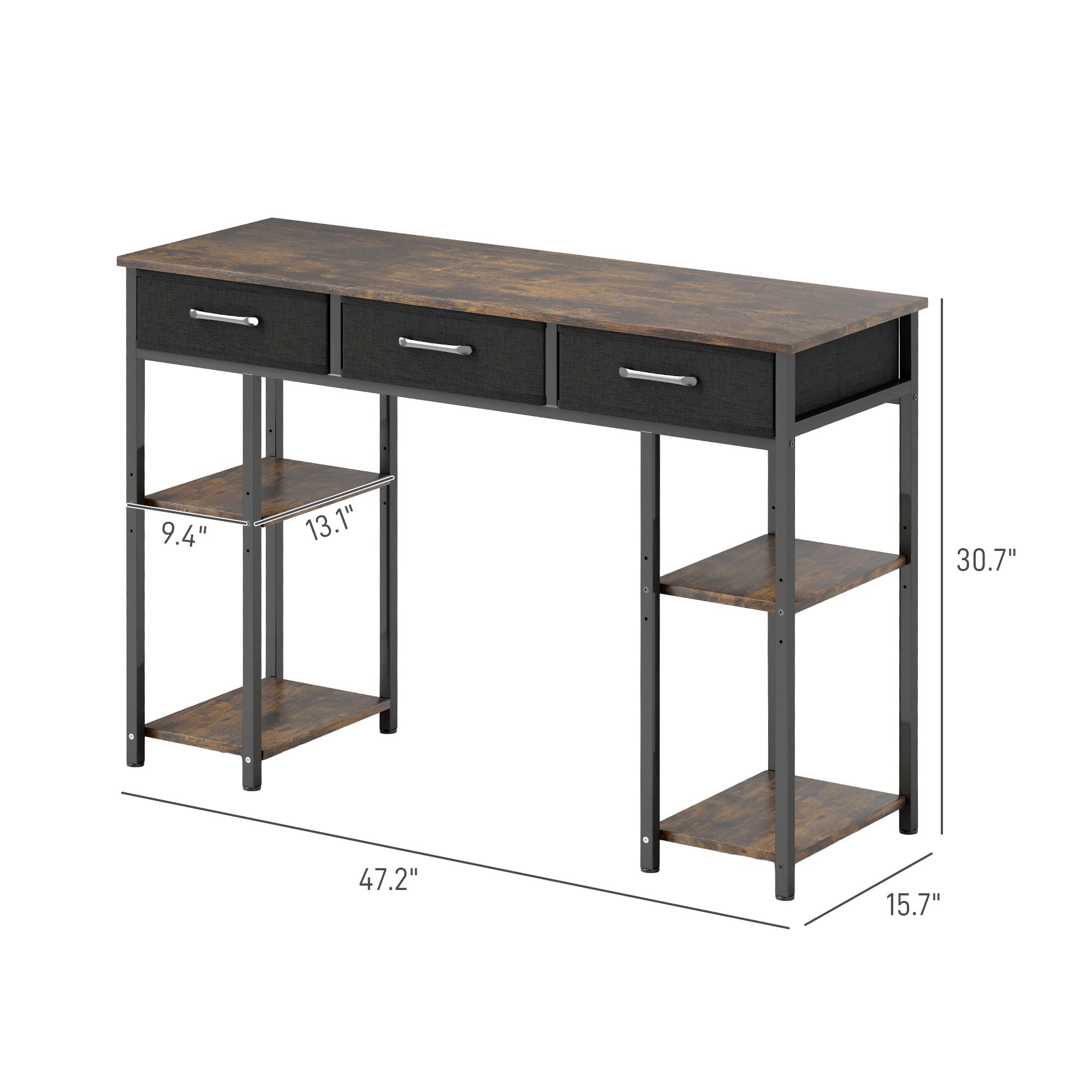 47" Small Computer Desk, Writing Desk with Fabric Drawers, Home Office Desk with Adjustable Shelves, Rustic Brown