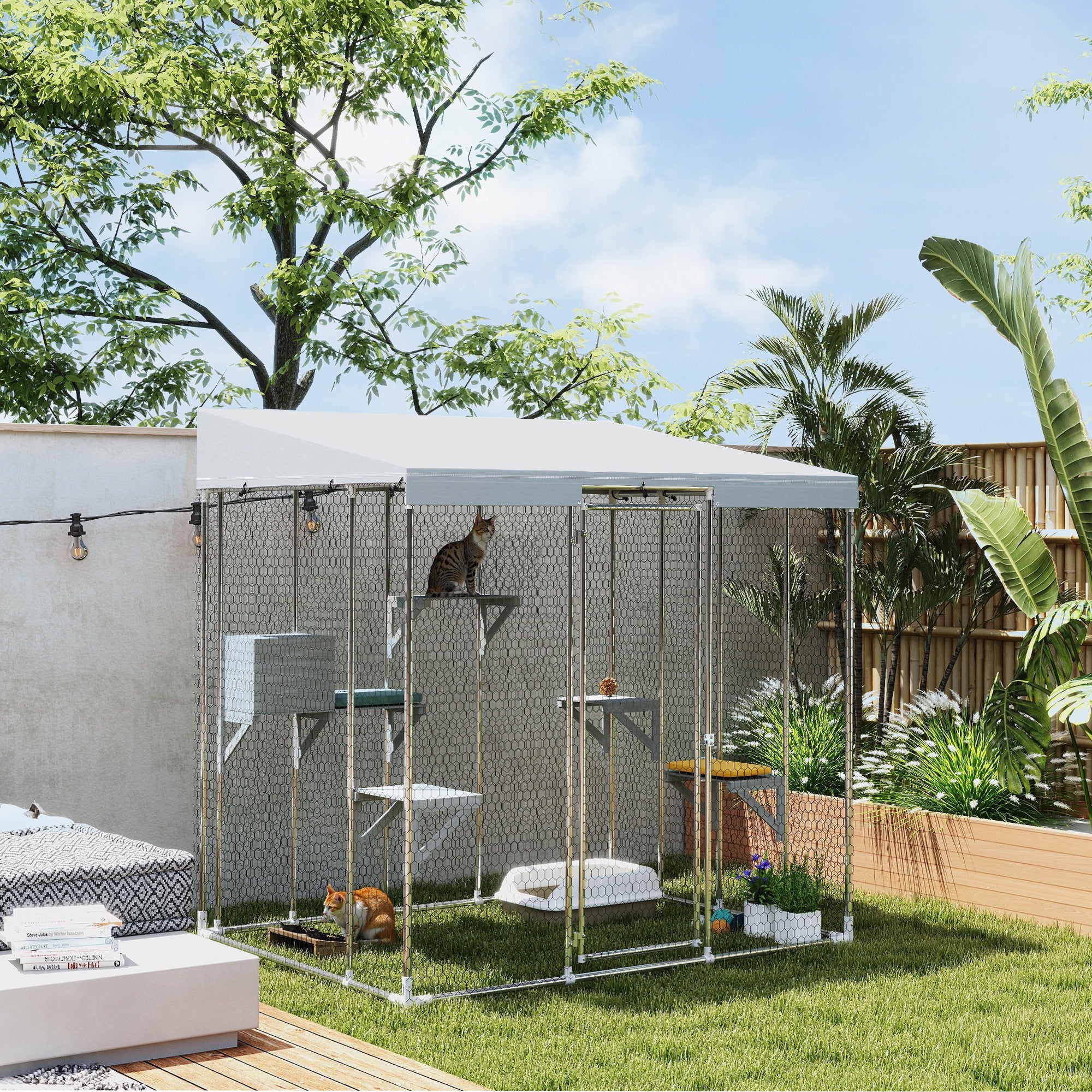 79" Galvanized Steel Large Catio with Waterproof Canopy, Sleeping Box, Jumping Platforms, for 1-3 Kittens, Silver - Silver - Image 2