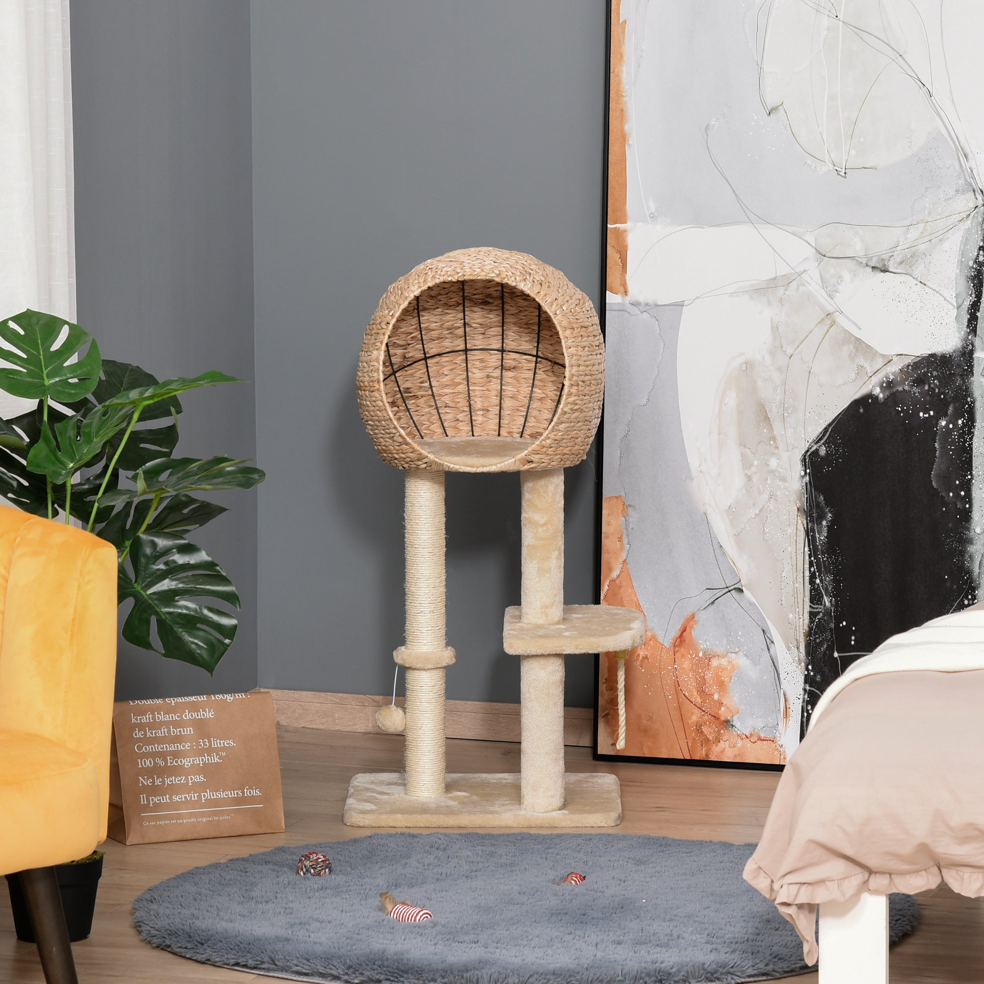 Cat Tree with Sisal Scratching Post Condo and Hanging Rope 39" H, Beige - Beige - Image 2