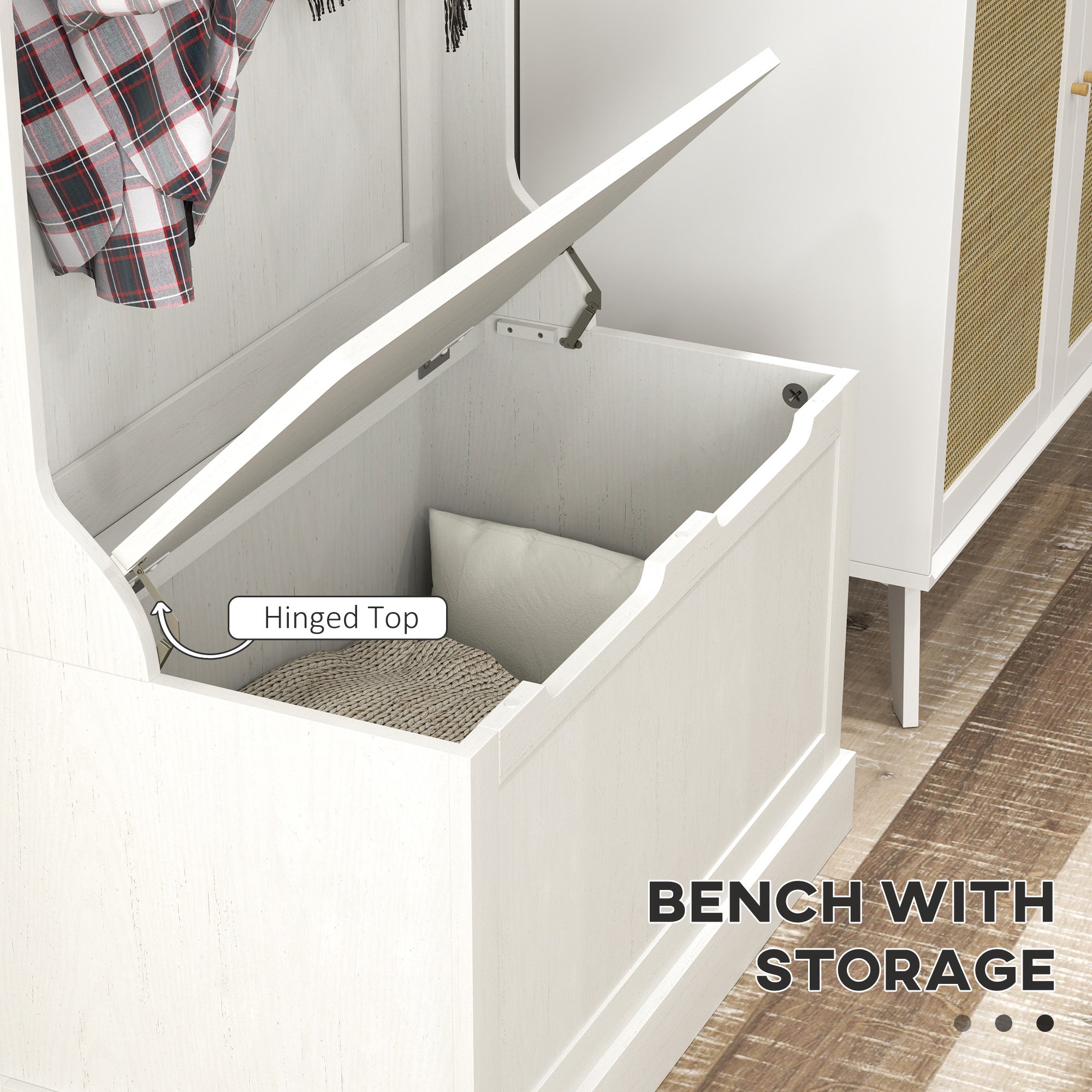 Hall Tree with Coat Rack, Storage, and Sitting Bench, Cream White