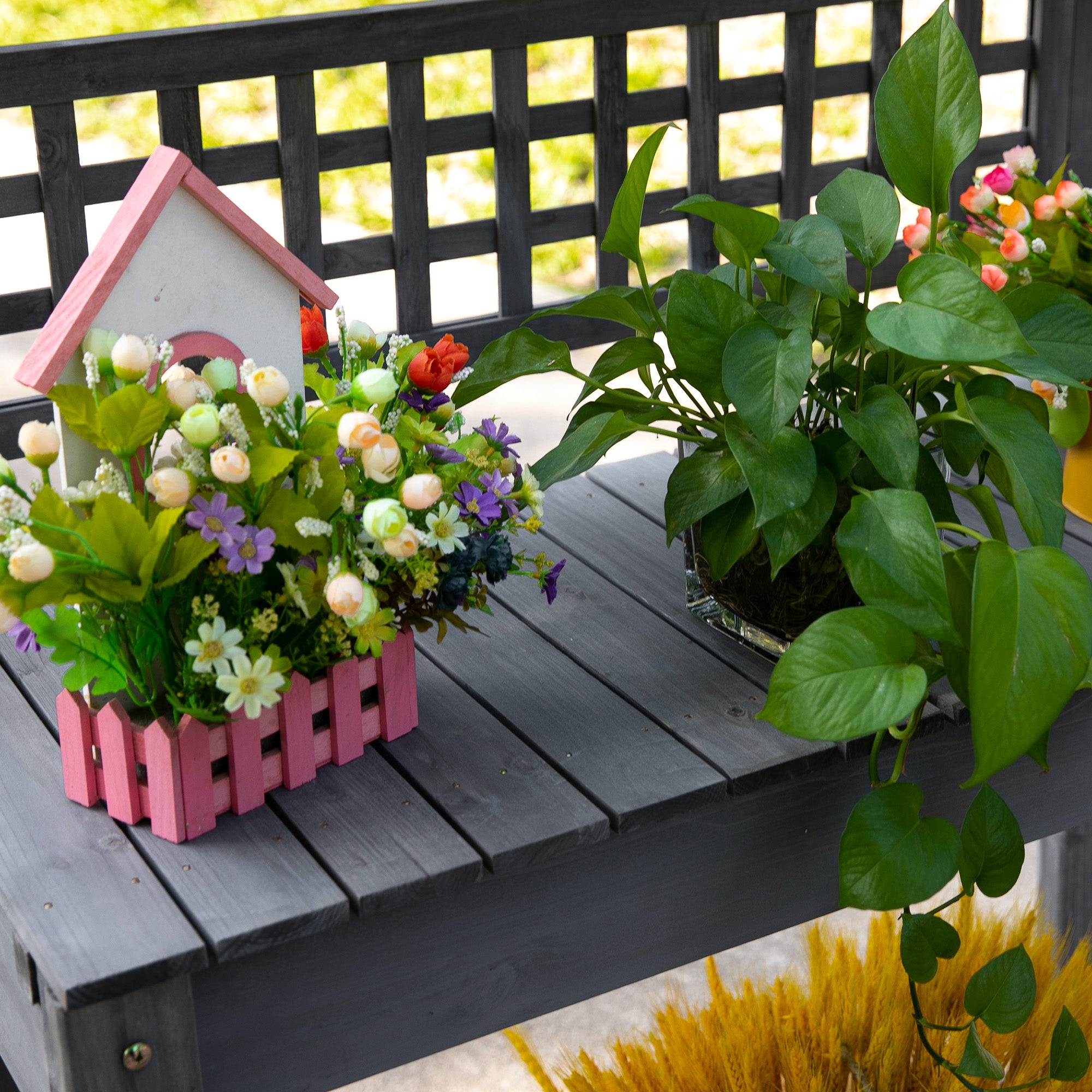 Outdoor Potting Bench Table, Wooden Workstation with Sliding Tabletop, Storage Shelf and Dry Sink, for Greenhouse, Garden, Patio, Gray - Gray - Image 8