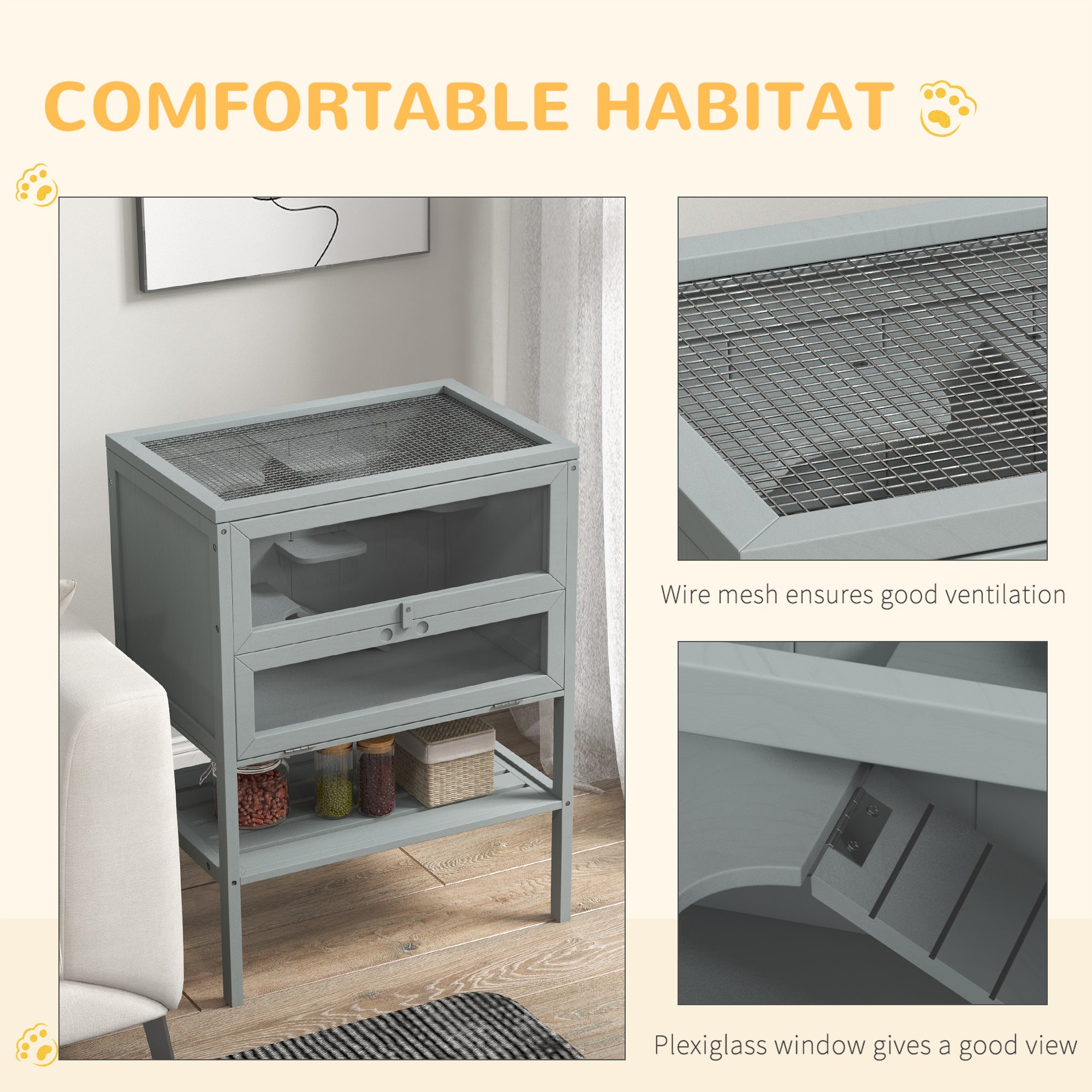 3-Tier Wooden Hamster Cage Mice and Rat Cage Small Animals Hutch with Openable Top, Front Door, Storage Shelf, Gray - Gray - Image 6