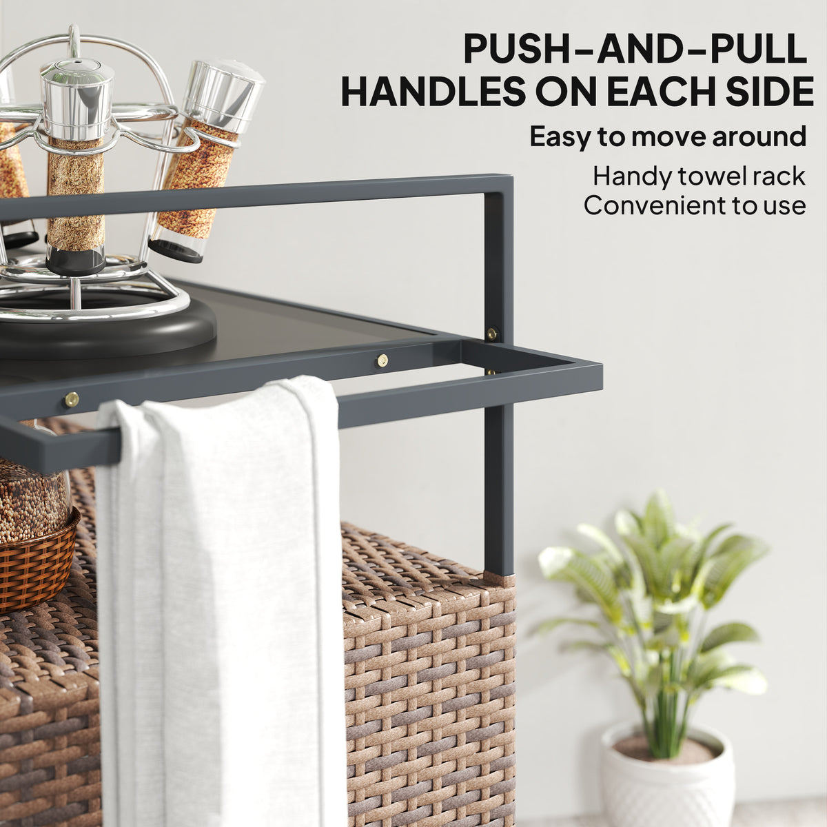 2-Tier Shelf PE Rattan Outdoor Bar Table, Glass Top Outdoor Serving Cart with Cabinet, Mixed Brown