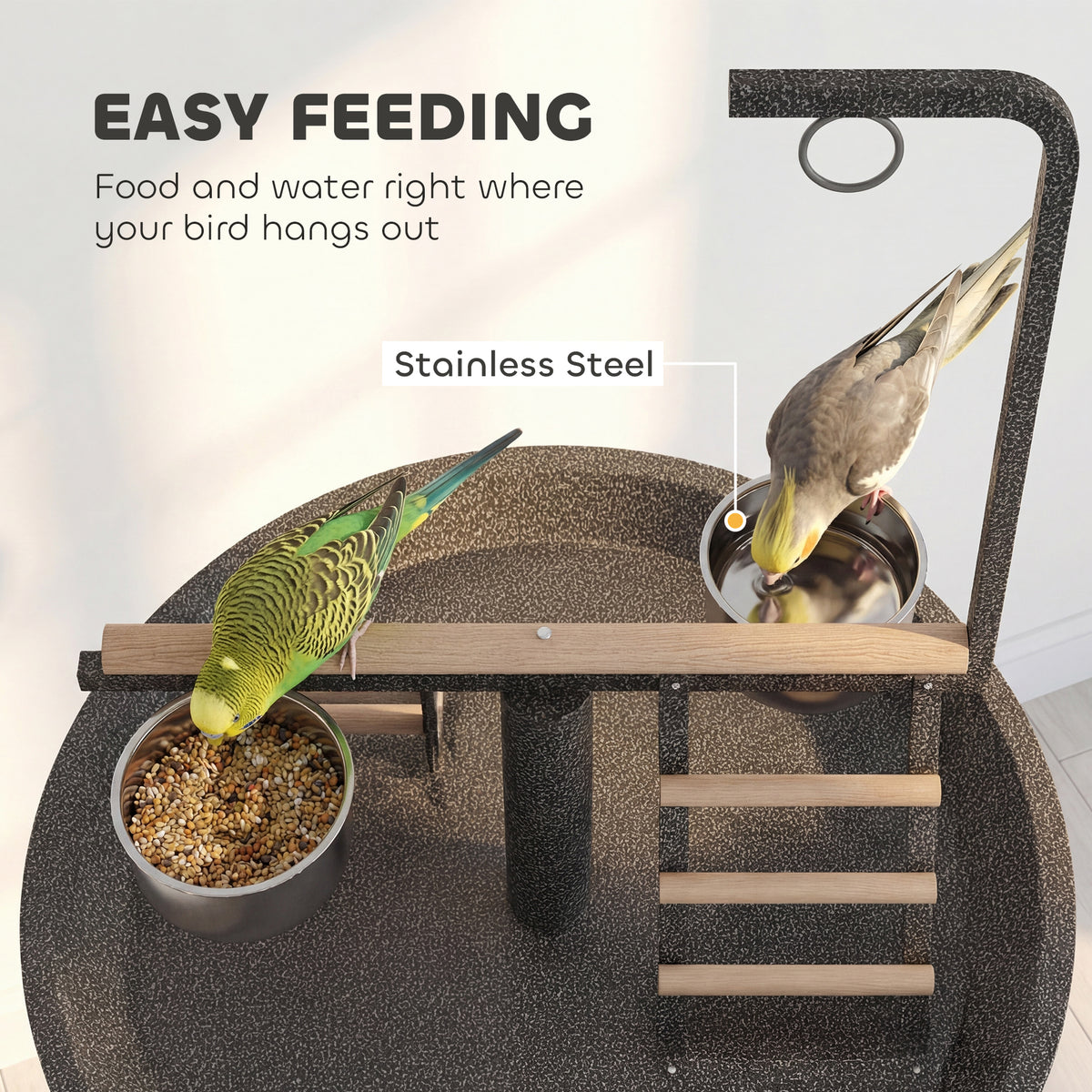 Bird Stand with Wheels Parrot Play Stand with Round Tray Stainless Steel Feed Bowls Indoor Outdoor Dark Gray