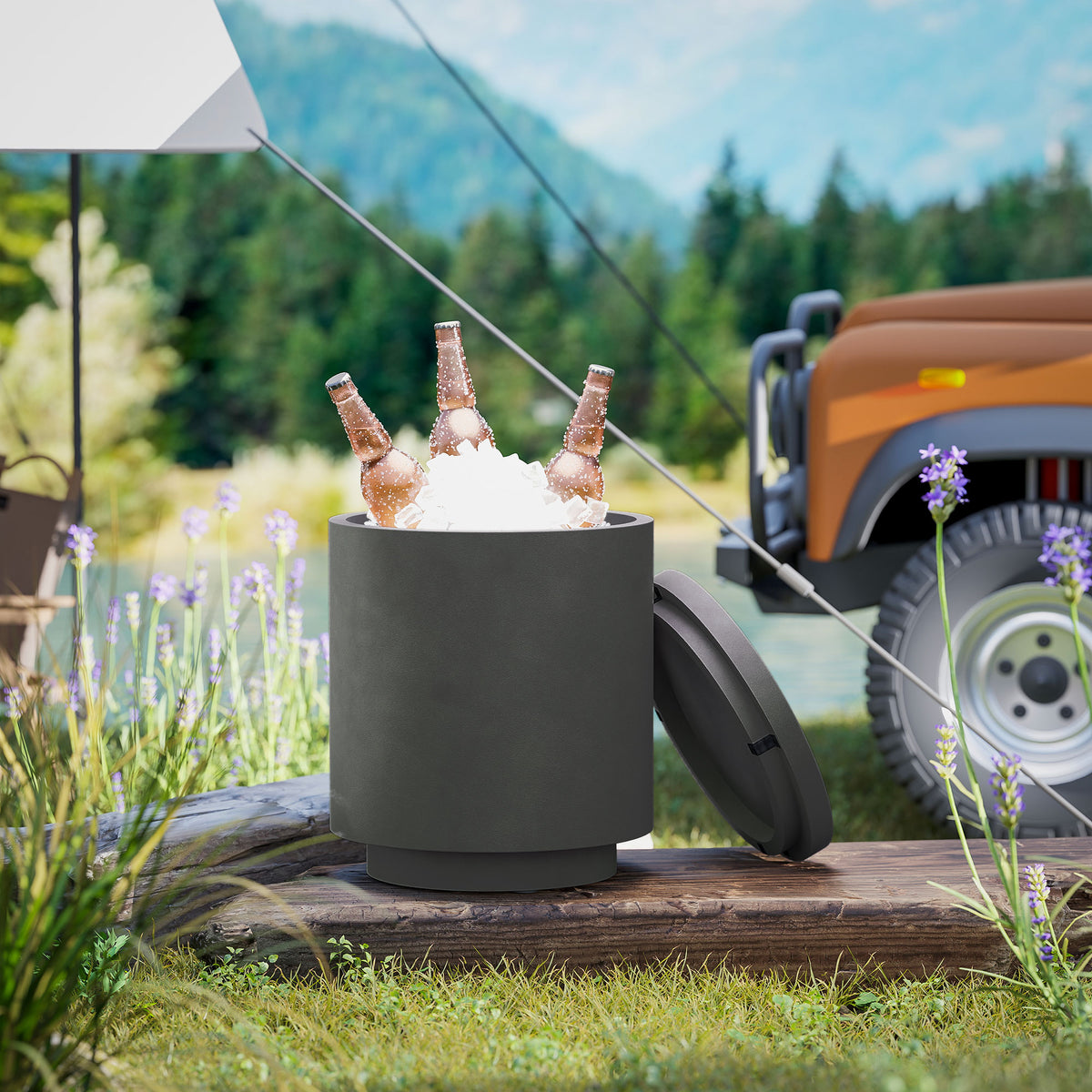 2.6 Gal Outdoor Side Table, 3-In-1 Concrete Cooler Bar Table with Storage, Removable Ice Bucket and Lid, Charcoal Gray