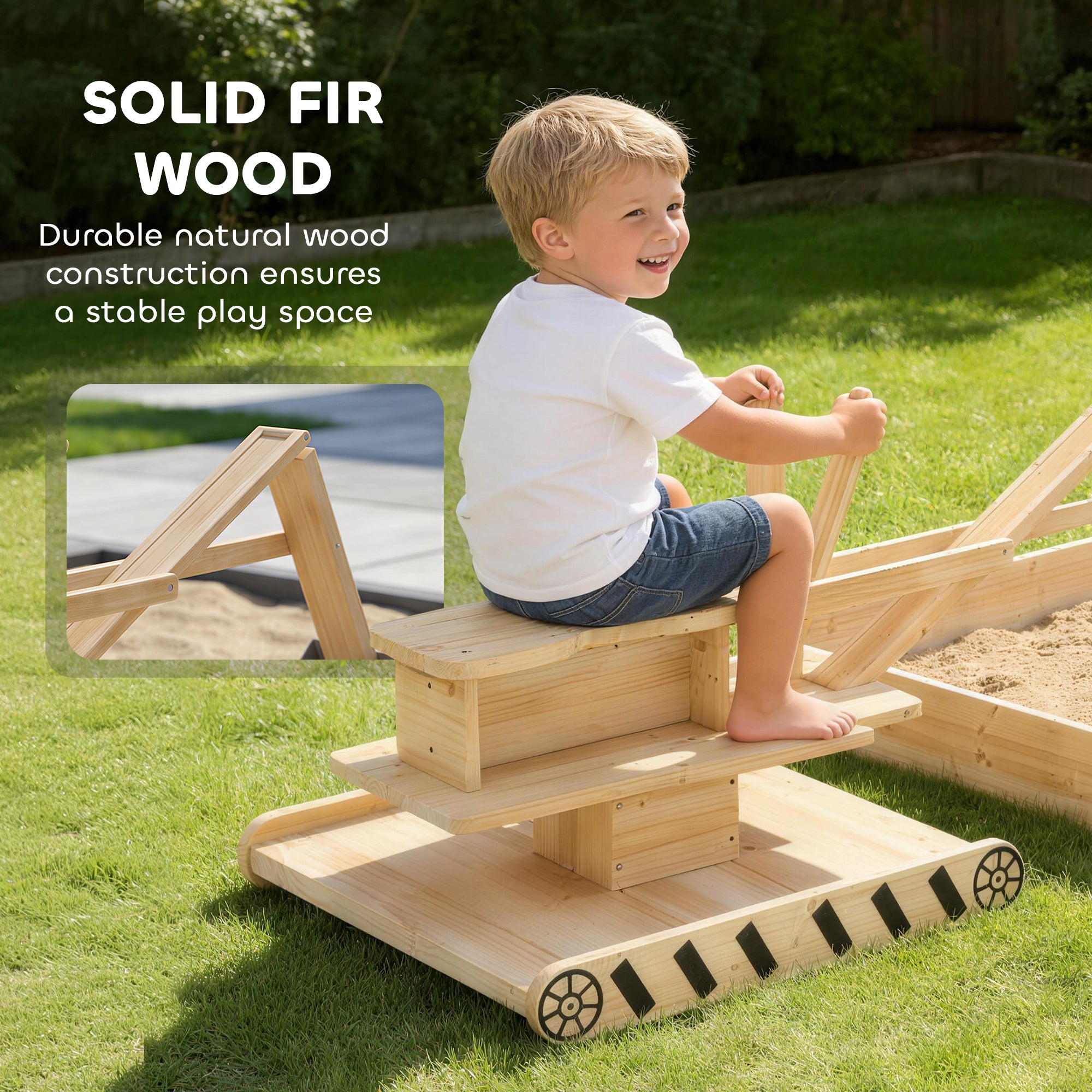 Wooden Sandbox with Digger, Kids Sandbox with 360° Rotating Seat & Bottom Liner, 72" x 35" x 22"
