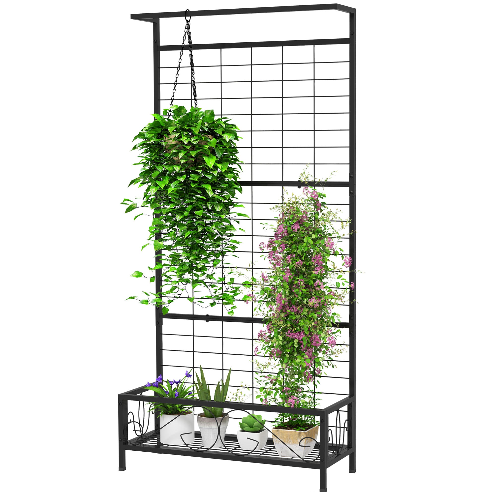 Metal Tall Plant Stand with Trellis and Hanging Bar, Plant Holder for Indoor Outdoor Use, 35" x 12.8" x 74", Black - Black