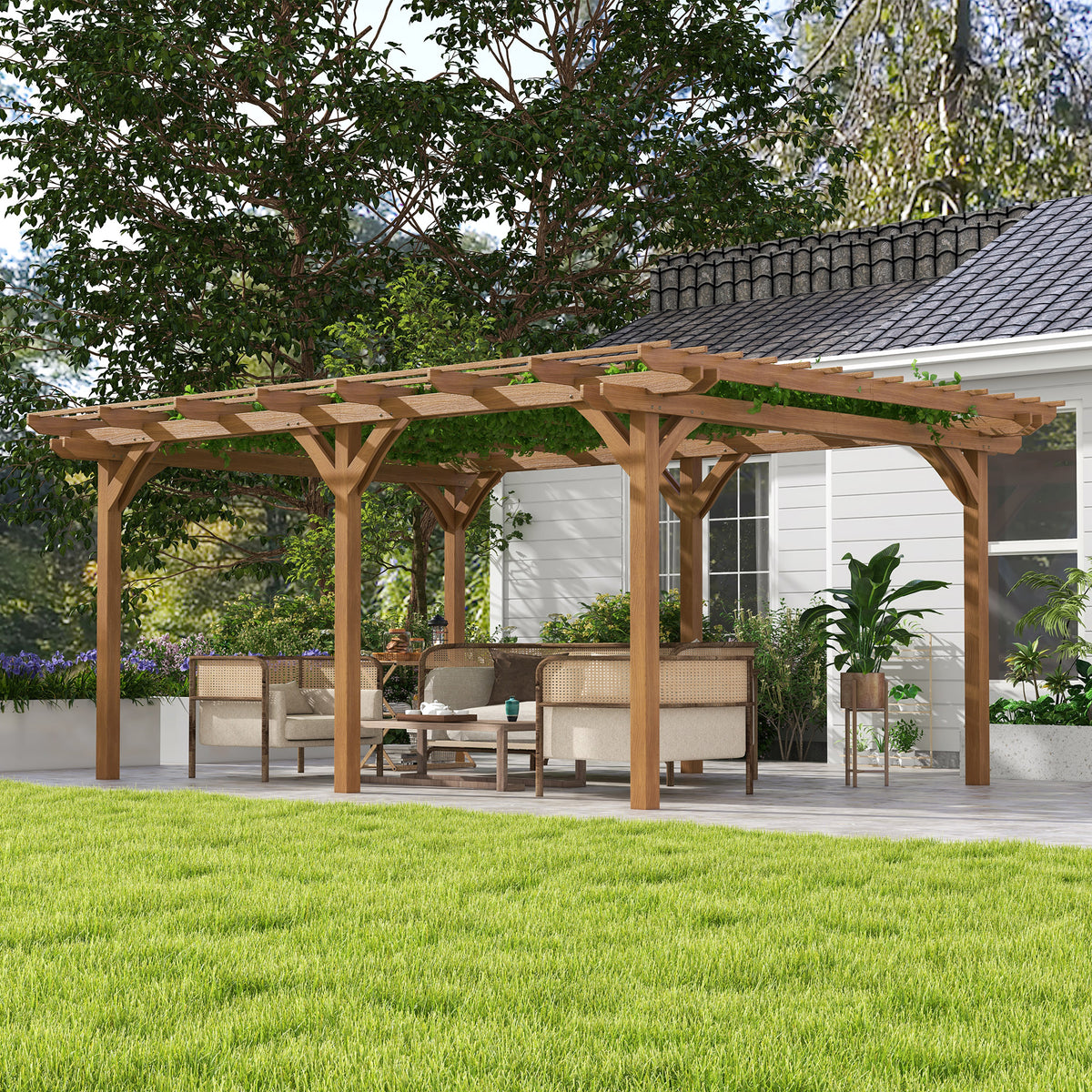 12' x 16' Outdoor Pergola Grape Trellis, Wood Gazebo for Climbing Plants at Garden, Patio, Backyard, Deck, Brown