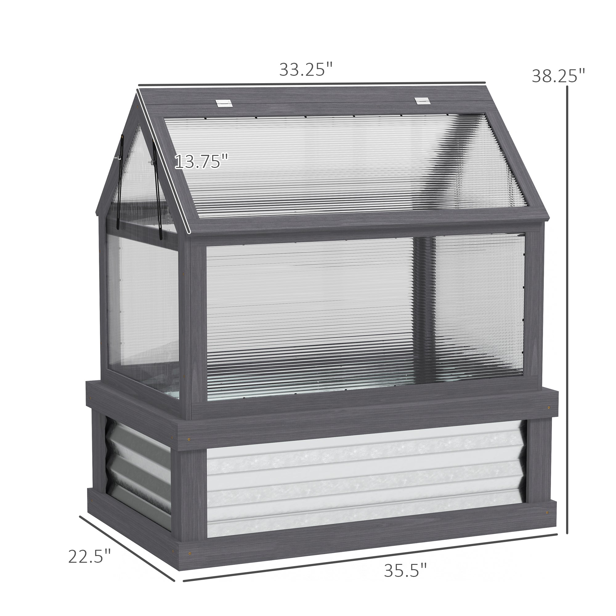 Raised Garden Flower Bed Kit with Greenhouse, Wooden Cold Frame Planter, 35.5" x 22.5" x 38.25", Gray - Gray - Image 3