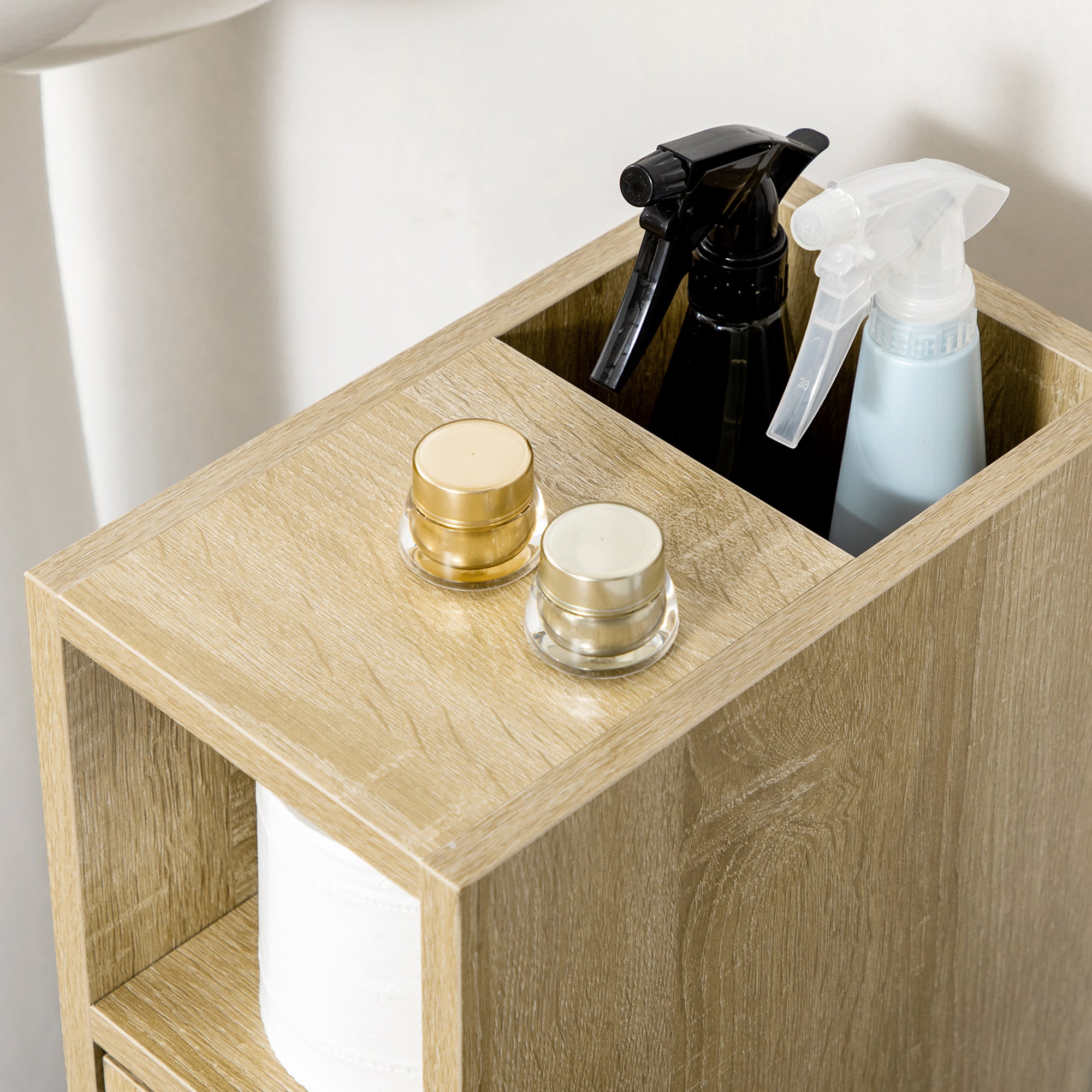 Freestanding Compact Design Bathroom Cabinet with 2 Open Cabinets, 1 Door Cabinet, 1 Drawer and 4 Rolling Wheels, Oak Grain Color
