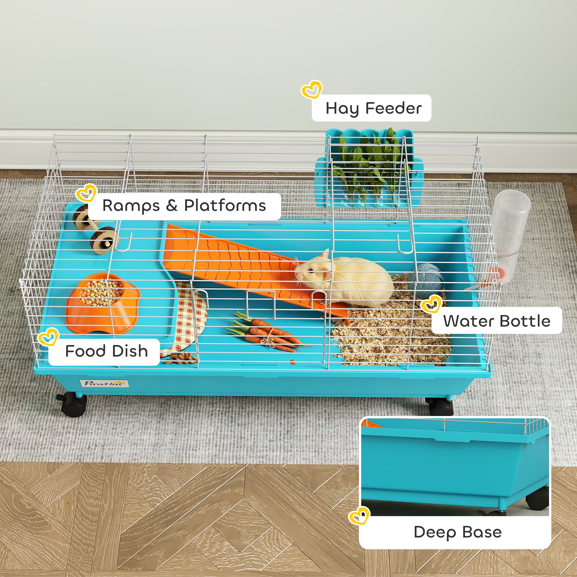 35"L Small Animal Cage, Rolling Bunny Cage, Guinea Pig Cage with Wheels, Food Dish, Water Bottle, Hay Feeder, Blue - Blue - Image 6