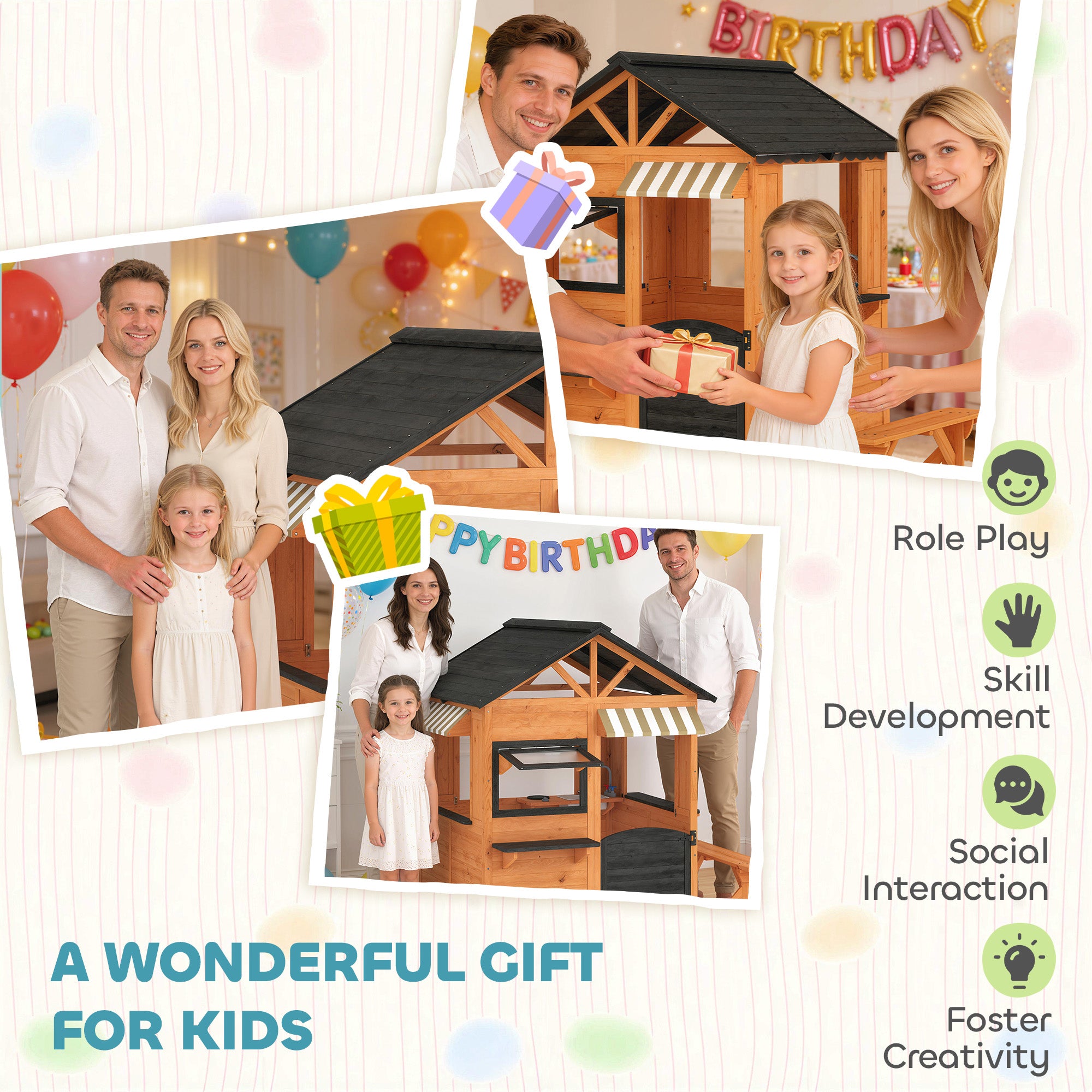 Wooden Kids Playhouse with Play Kitchen, Picnic Bench, Serving Station, Windows and Door for Backyard, Ages 3–8, Brown