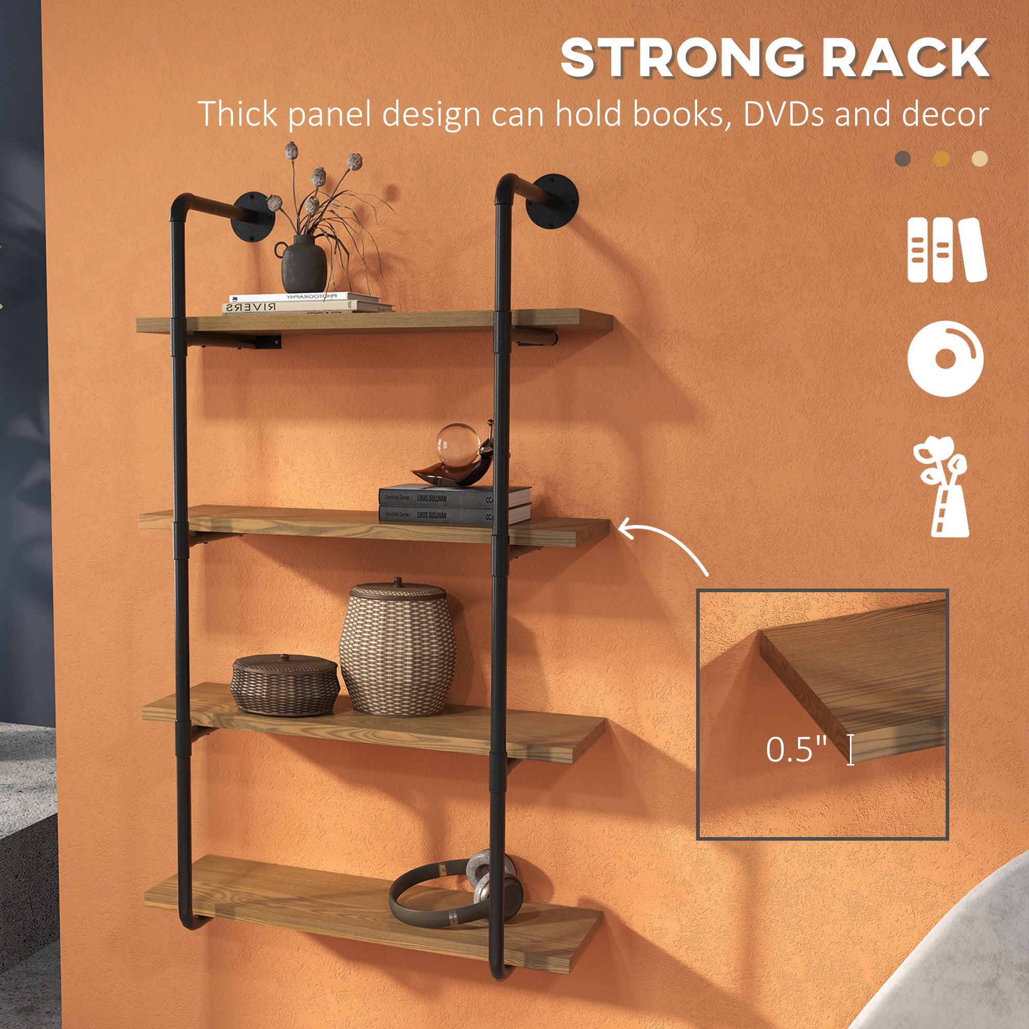 4-Tier Industrial Pipe Shelves Floating Wall Mounted Bookshelf, Metal Frame Display Rack, 1" Thickness Shelving Unit for Farmhouse, Kitchen, Bar, Rustic Brown