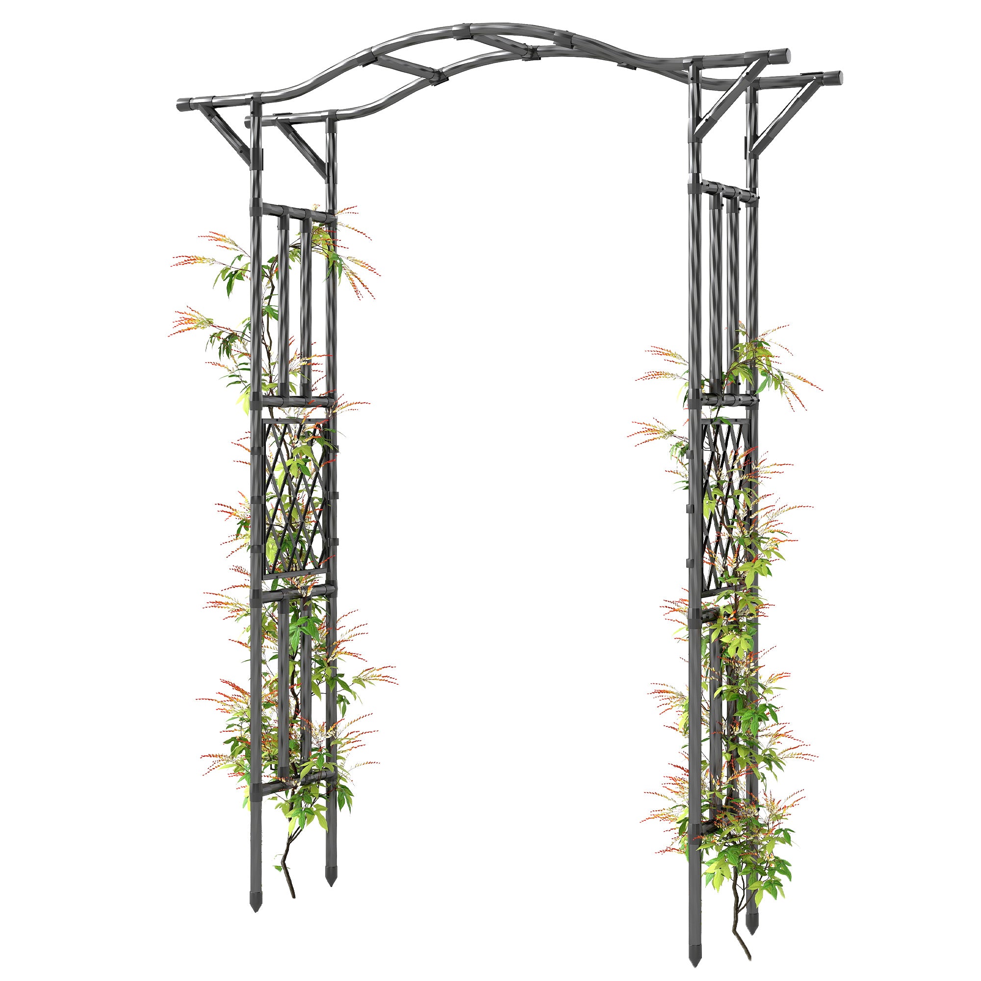 Garden Arch, PE-Coated Steel Garden Arch Trellis with Extended Top, Black - Black
