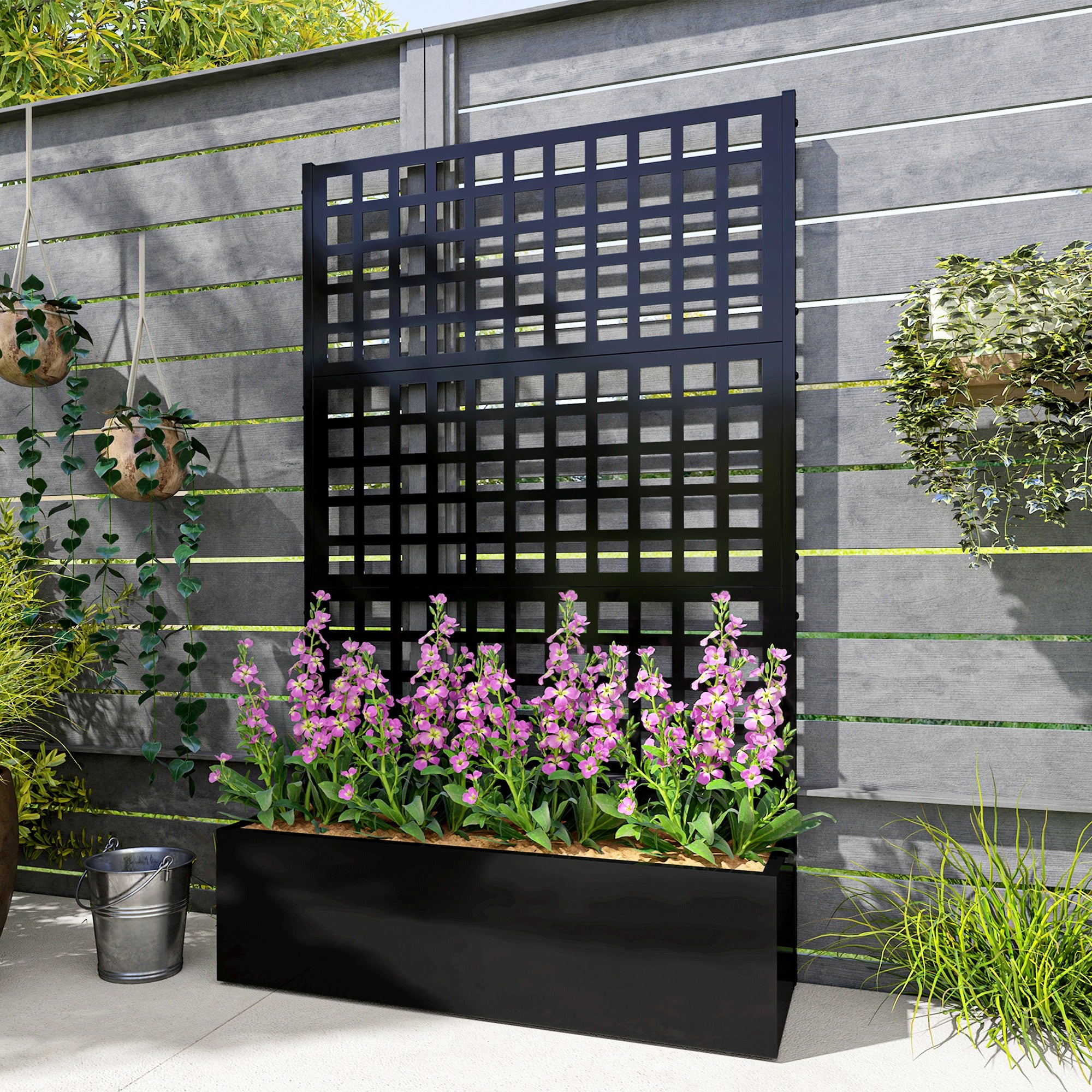Galvanized Raised Garden Bed Planter Box with Trellis for Climbing Plants, Vegetable, Vines, 43" x 16" x 70", Black - Black - Image 8