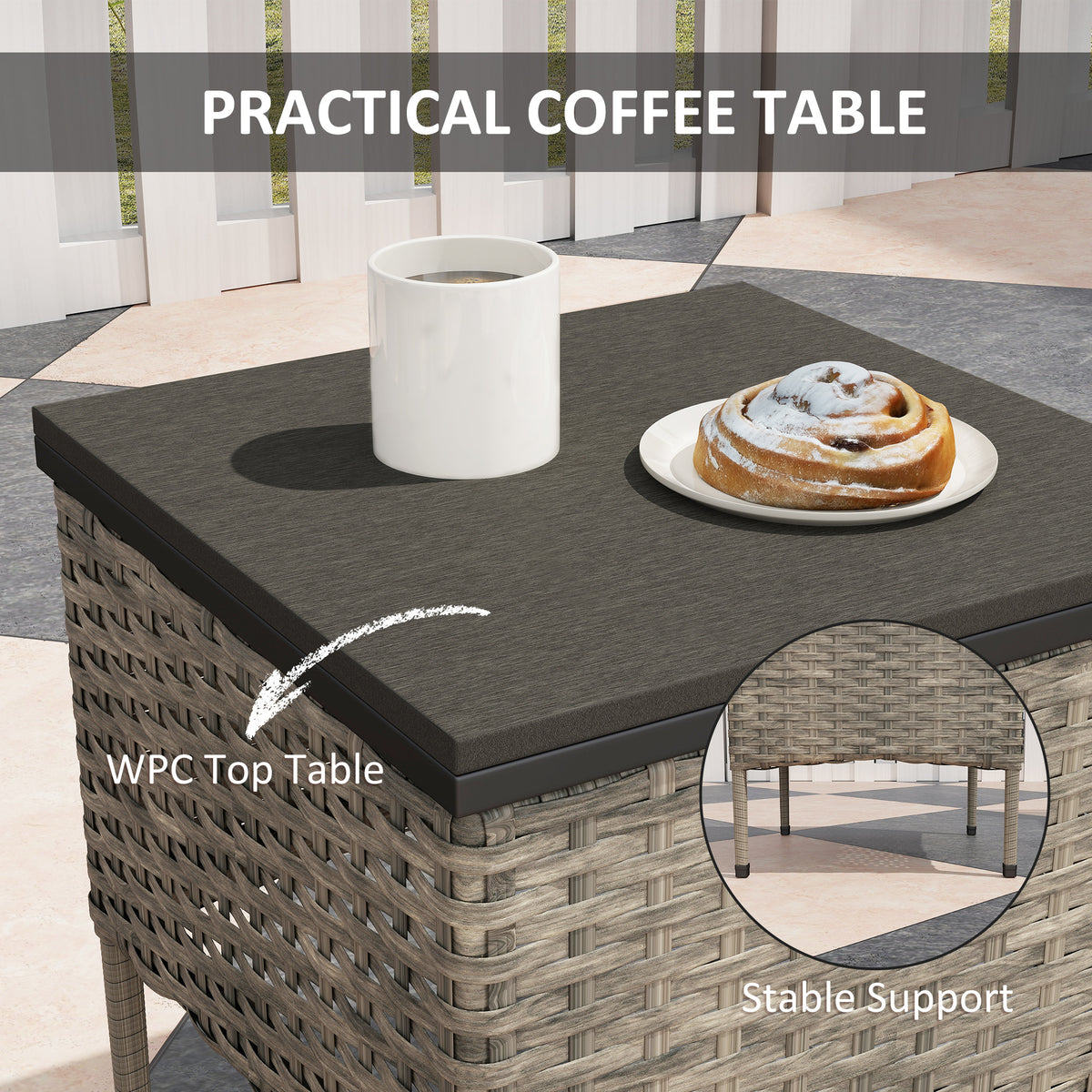 3 Piece Wicker Patio Furniture Set, Outdoor PE Rattan Rocking Chairs with Coffee Table, Cushions for Porch, Gray