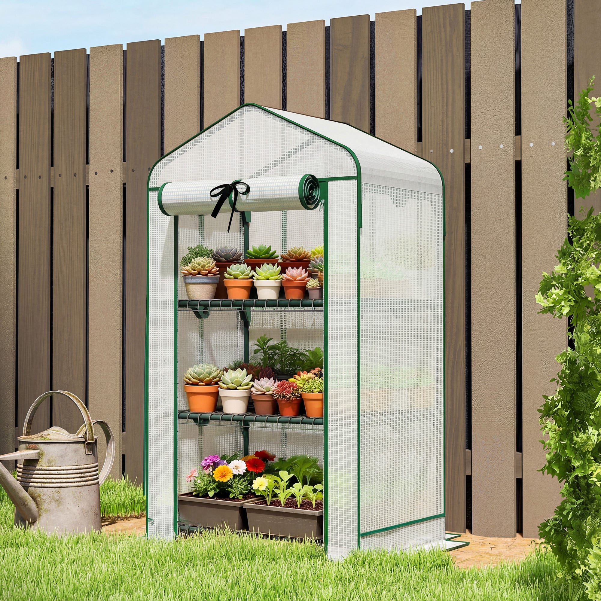 Mini Greenhouse with Screen Roof, Portable Small Greenhouse with Roll-Up Zipper Door, 27.6" x 19.7" x 50", White - White - Image 2