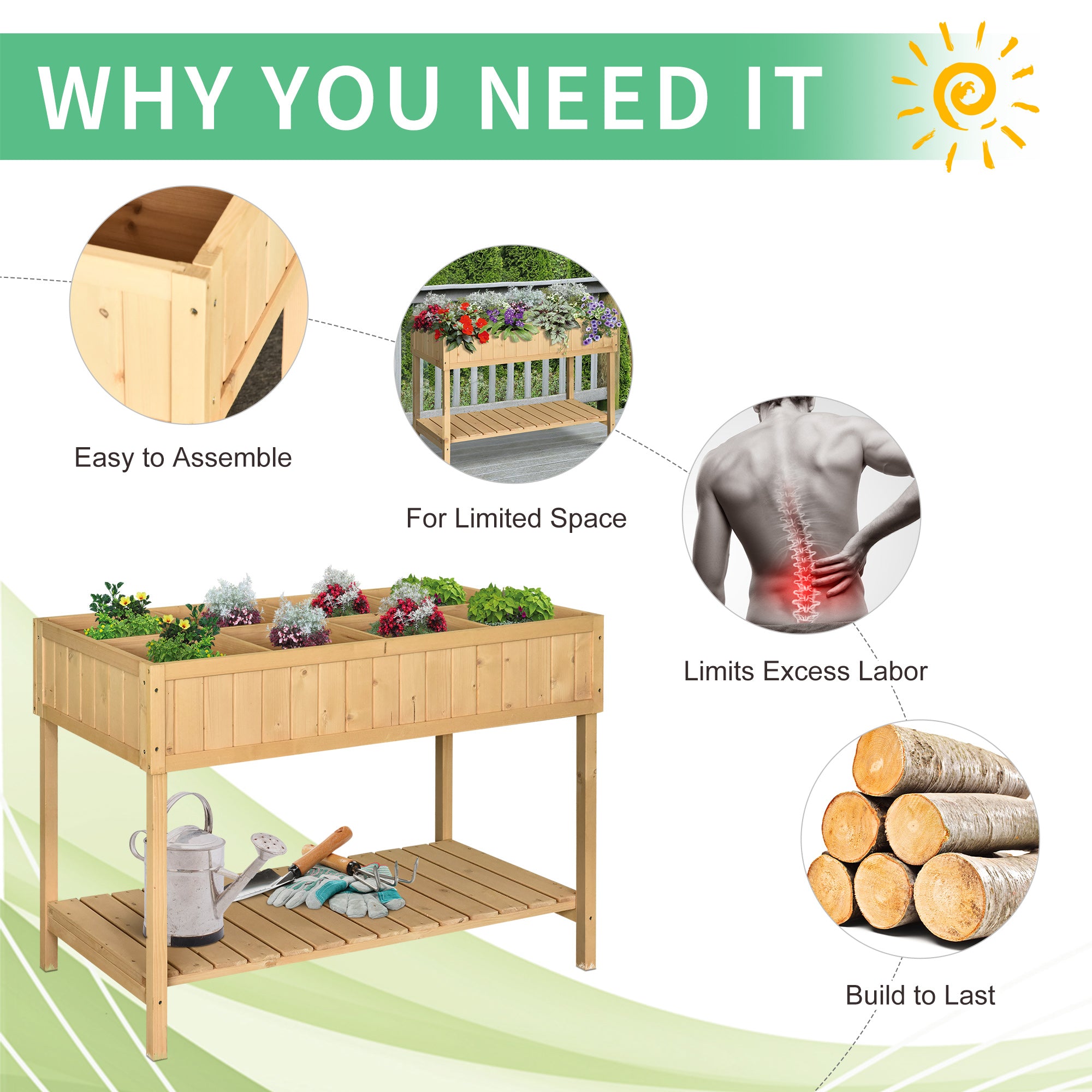 43x18x30in Raised Garden Bed with 8 Pockets and Shelf, Wooden Elevated Planter Box with Legs to Grow Herbs, Vegetables, and Flowers, Natural - Natural Wood - Image 6
