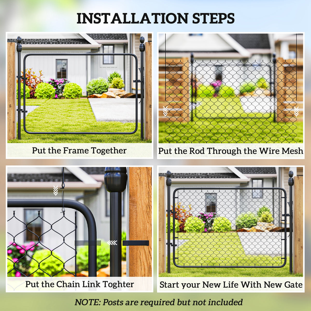 Garden Gate Chain Link Fence Gate, Galvanized Steel Garden Door for Yard Entrance Way, 47.2 x 70.9 in., Black