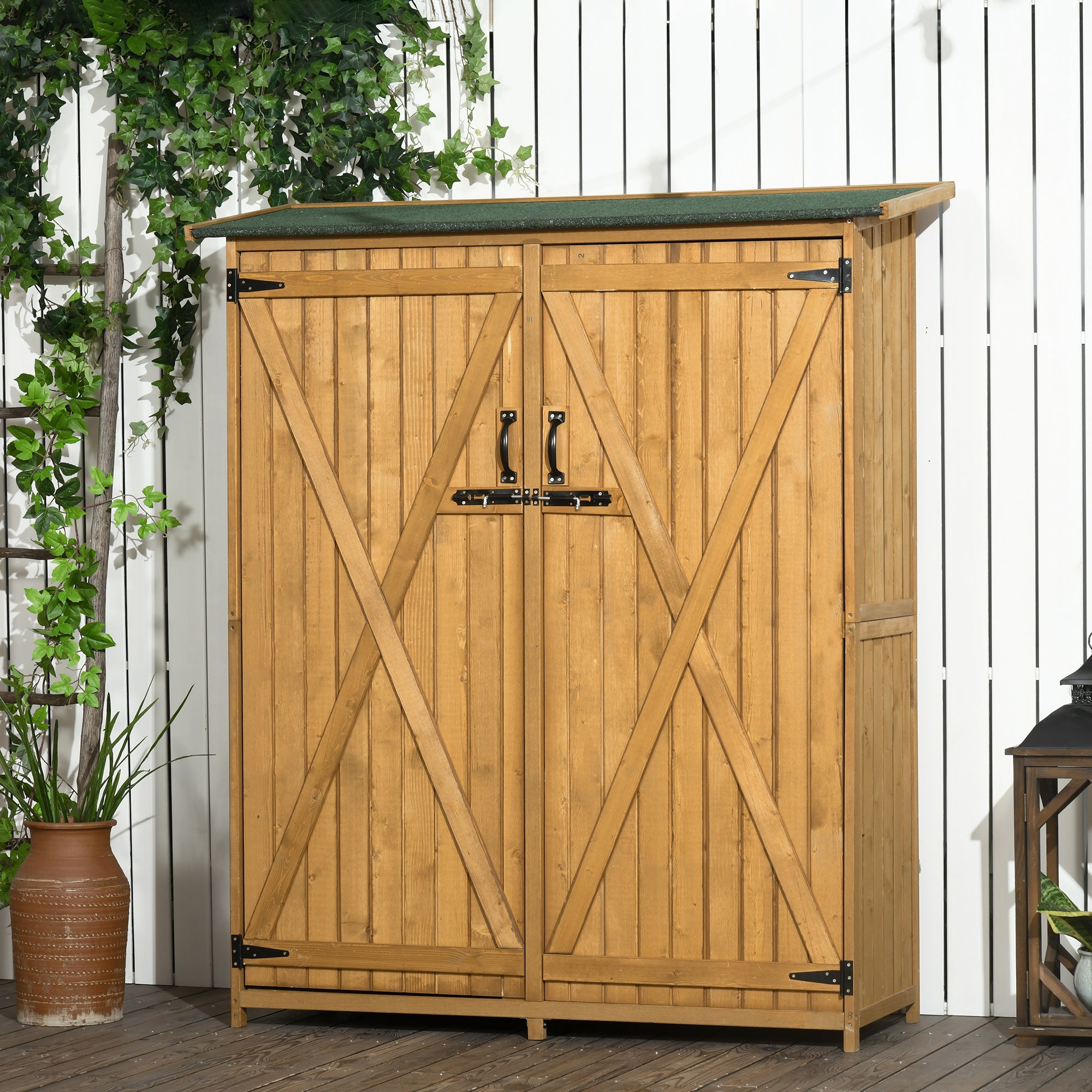 Outdoor Storage Cabinet Wooden Garden Shed Utility Tool Organizer with Waterproof Asphalt Rood, Lockable Doors, 3 Tier Shelves for Lawn, Backyard, Natural - Natural - Image 2